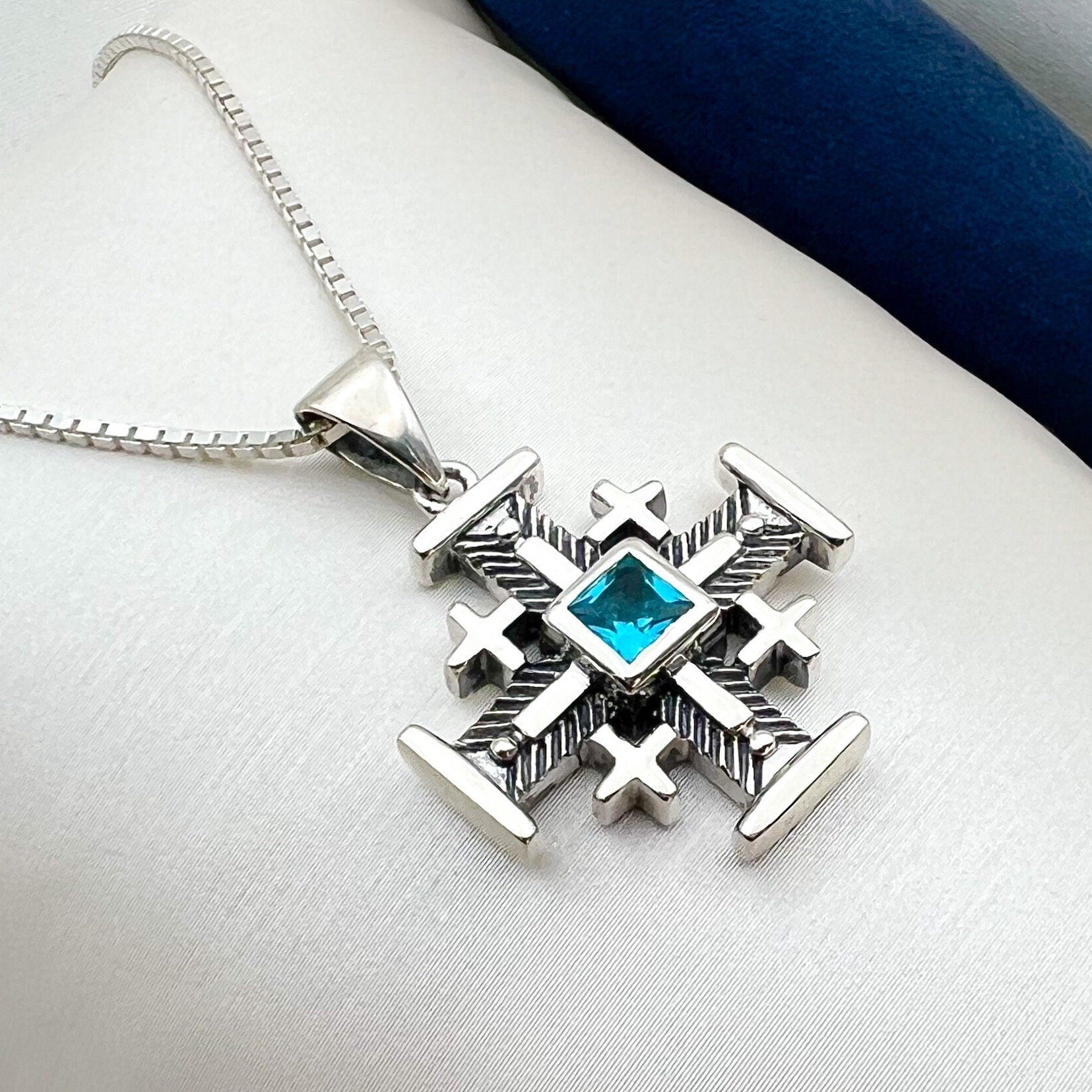 Holy Land Jerusalem Cross Pendant with Aquamarine Stone in Sterling Silver 925