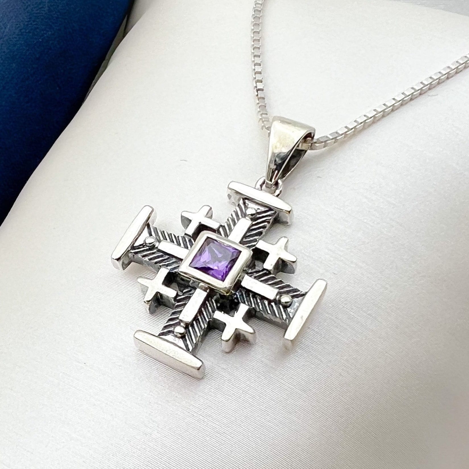 Jerusalem Cross Pendant in Silver 925 with Amethyst Center - Engraved with Jerusalem