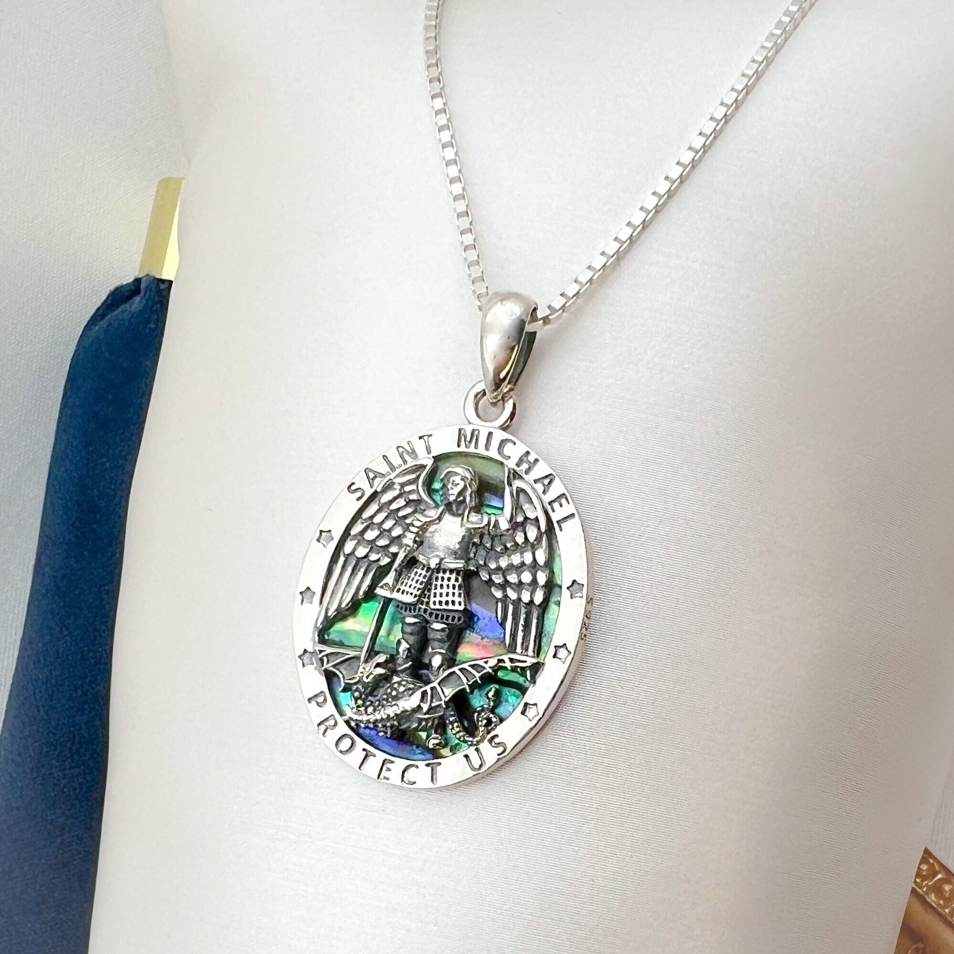 Saint Michael Guardian Pendant in 925 Silver with Mother of Pearl