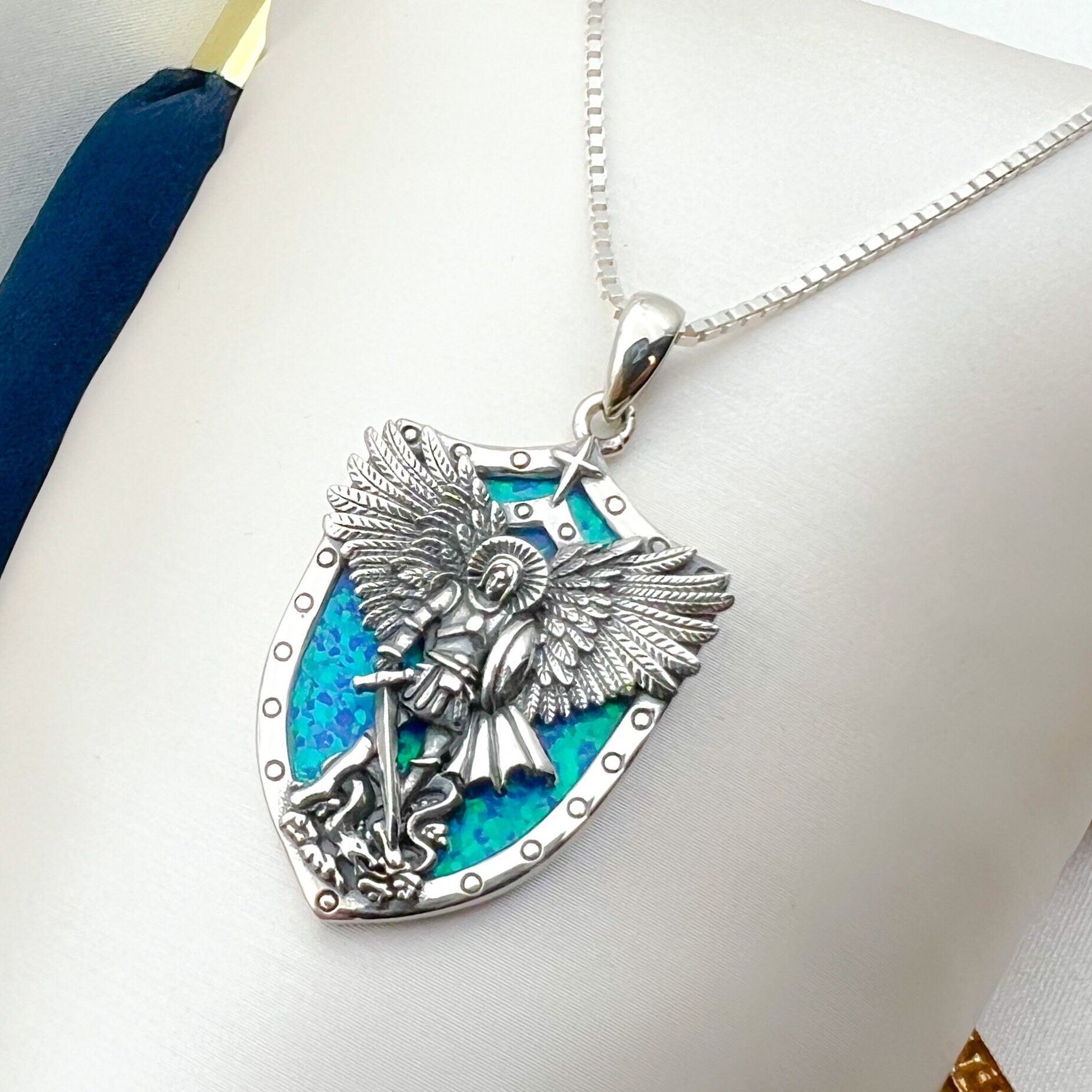 Divine Protection Saint Michael Pendant in 925 Silver and Blue Opal Stone