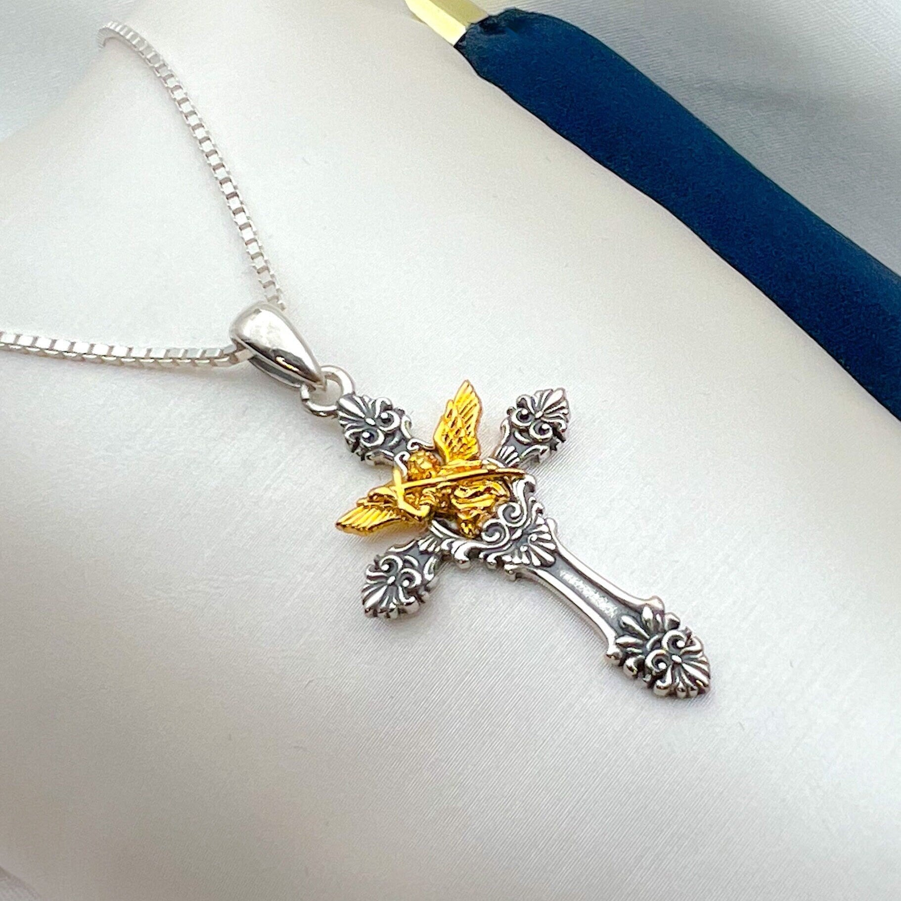 Angel and Cupid Cross Pendant in Silver 925 and 14k Gold Accent