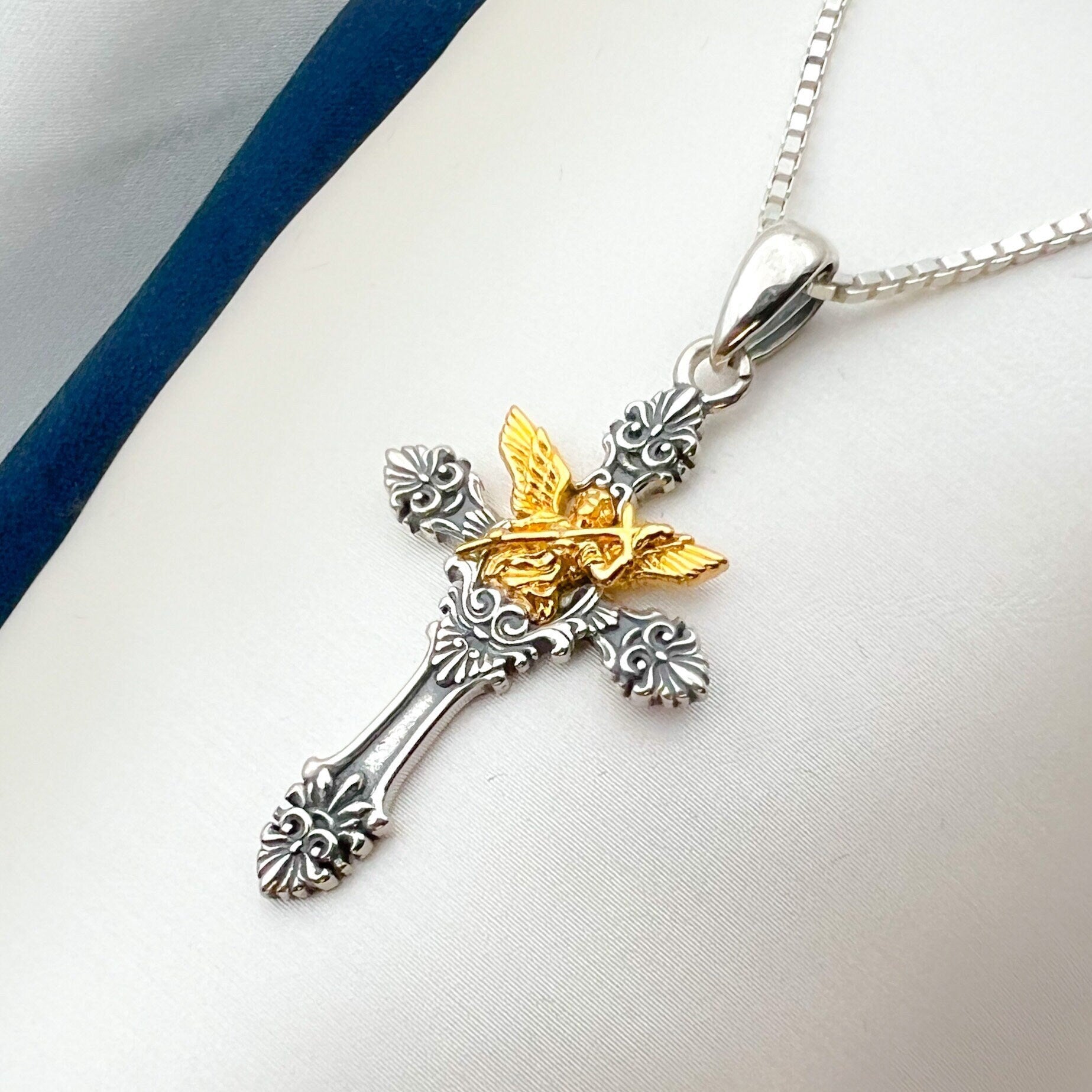 Angel and Cupid Cross Pendant in Silver 925 and 14k Gold Accent