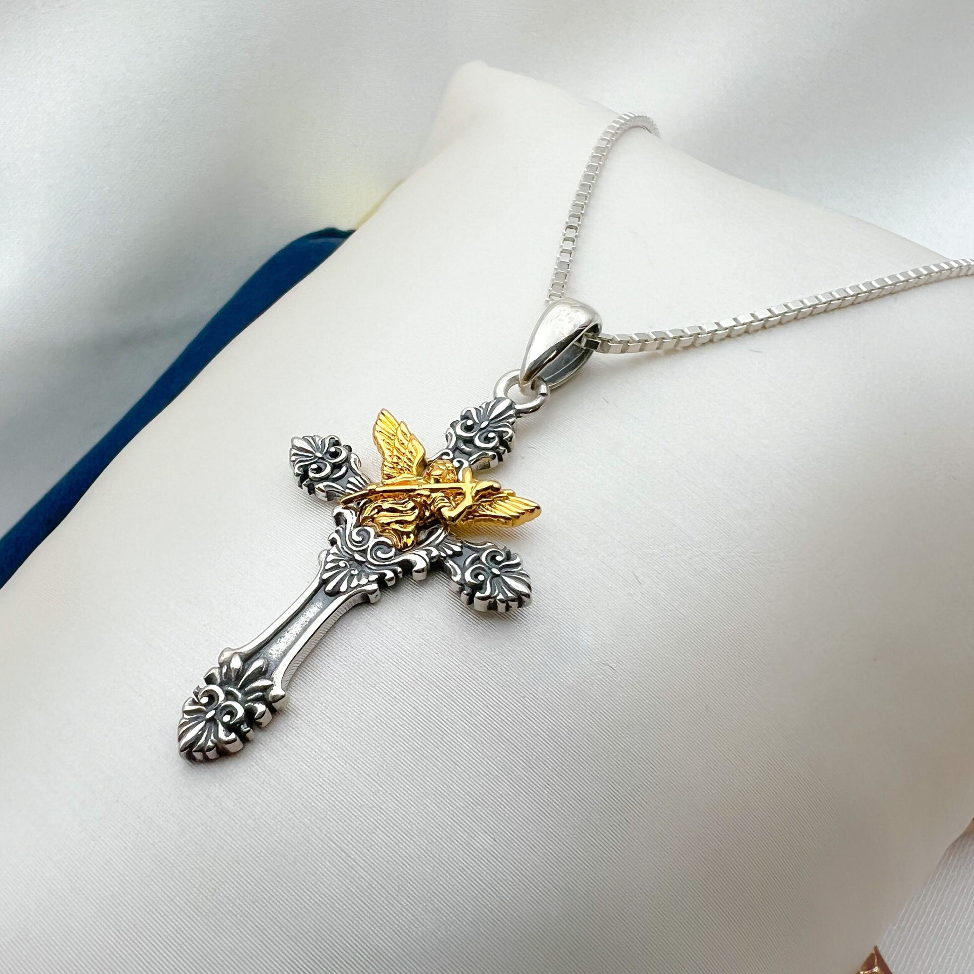 Angel and Cupid Cross Pendant in Silver 925 and 14k Gold Accent