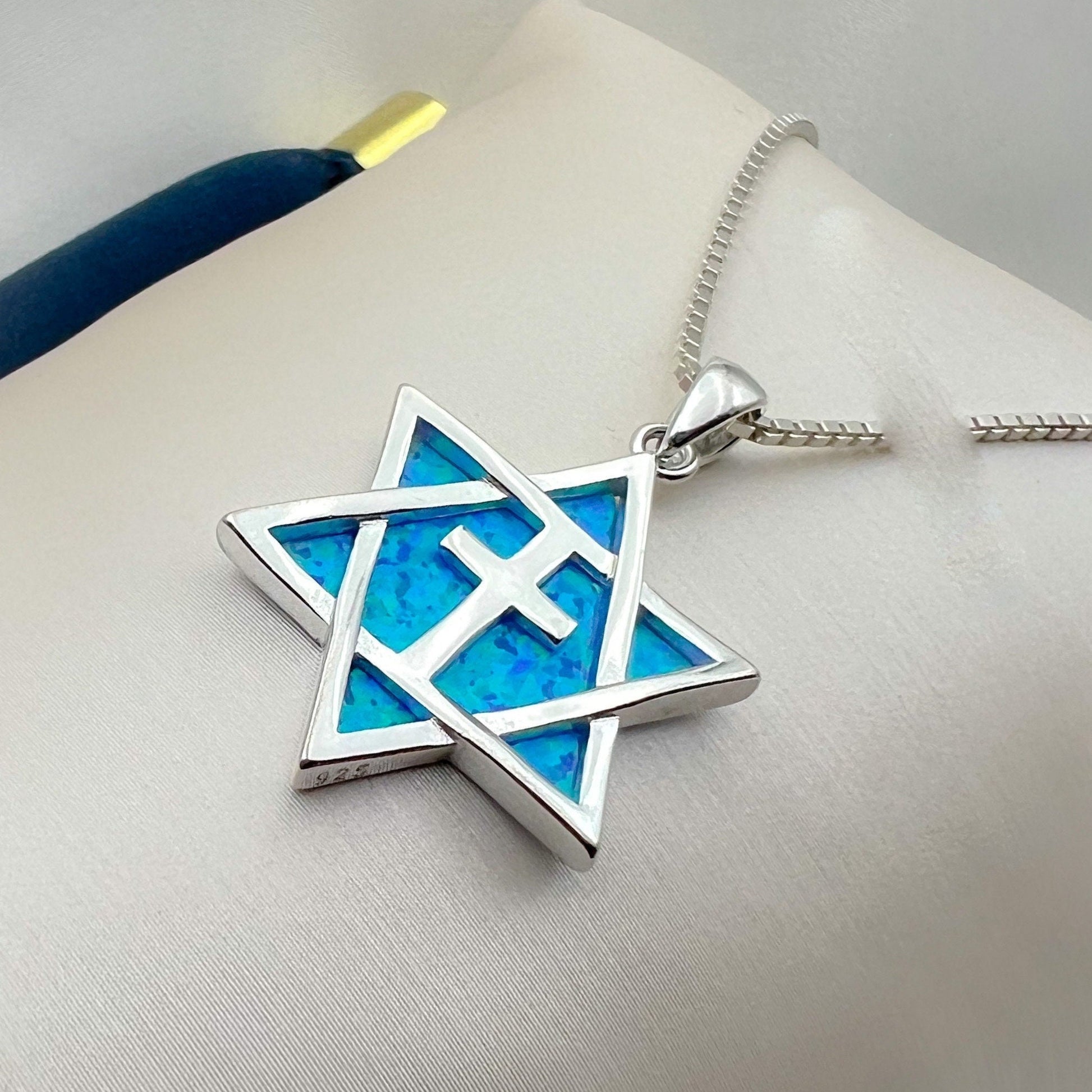 Messianic Star of David Cross Pendant with Blue Opal