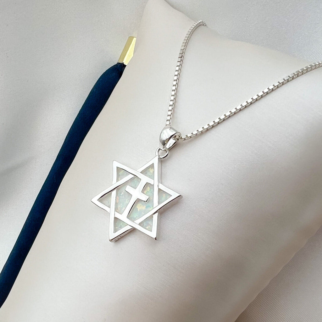 Messianic Star of David Cross Pendant with White Opal