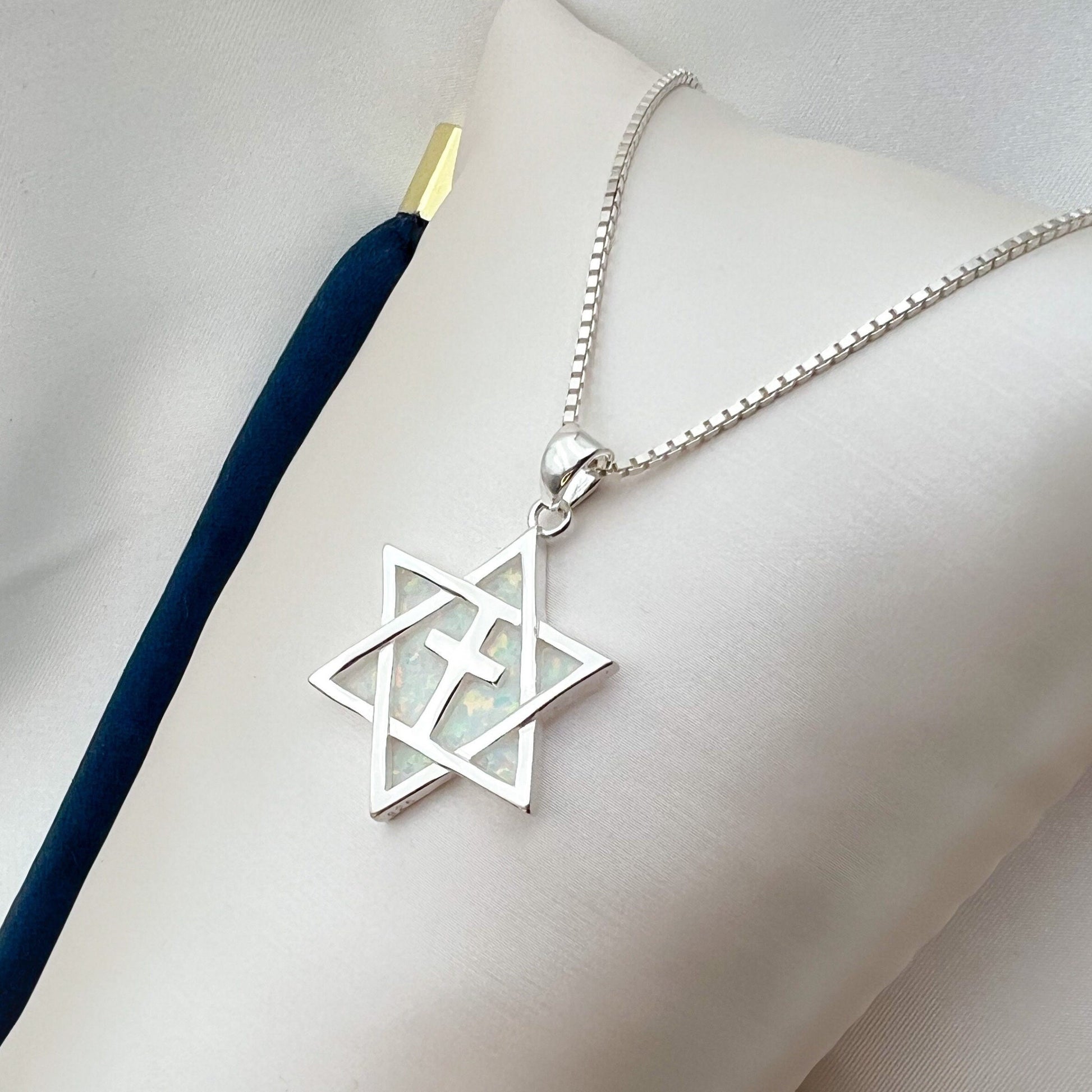 Messianic Star of David Cross Pendant with White Opal