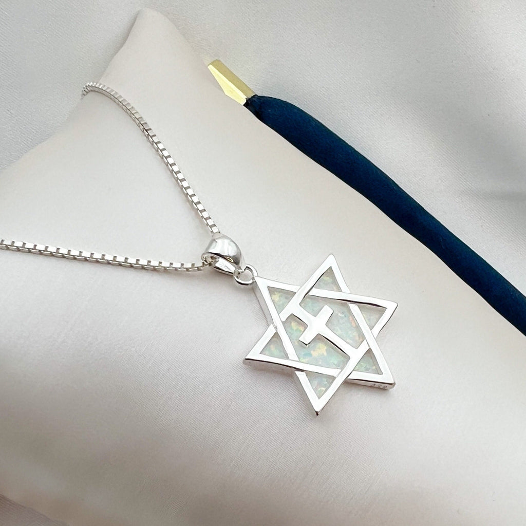 Messianic Star of David Cross Pendant with White Opal