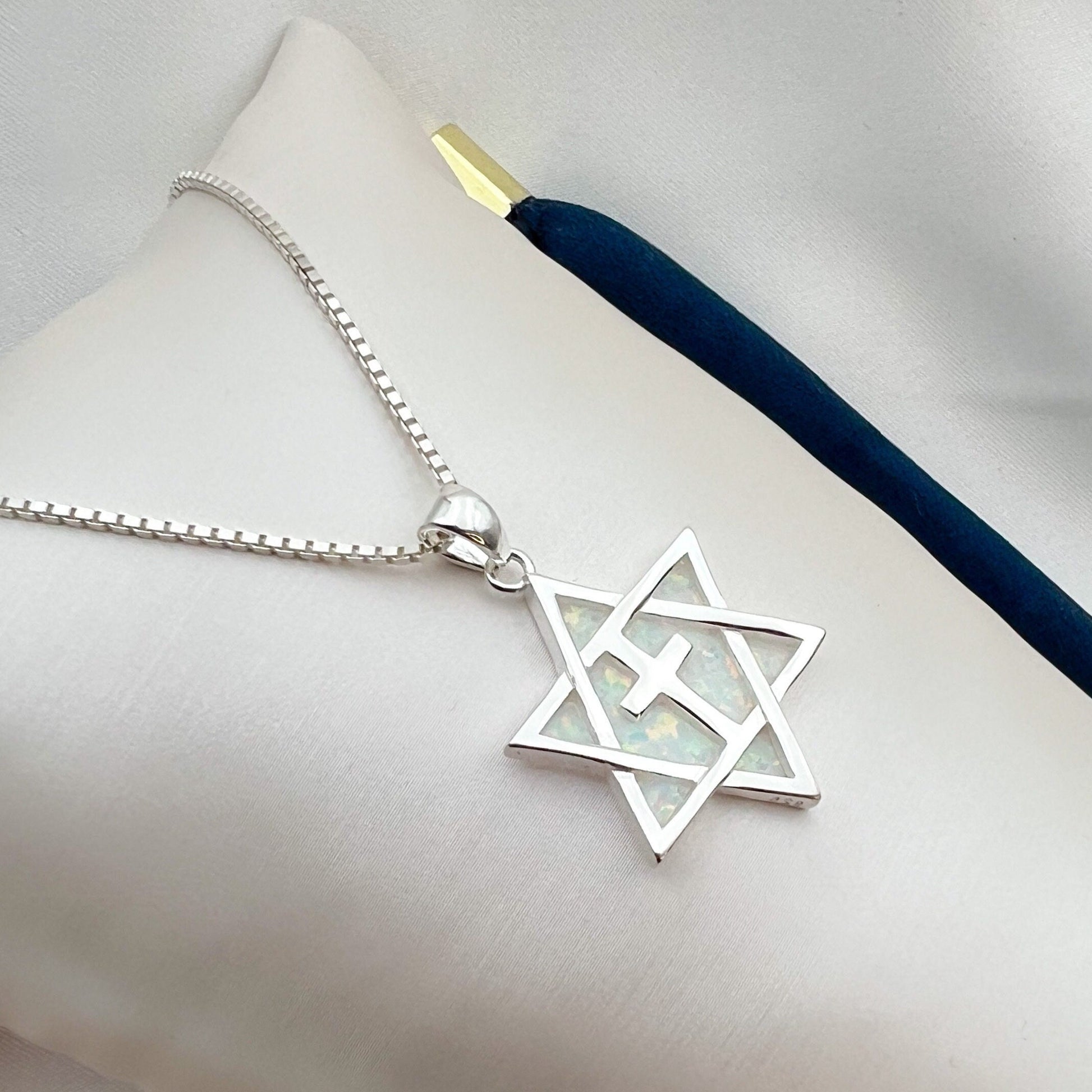 Messianic Star of David Cross Pendant with White Opal