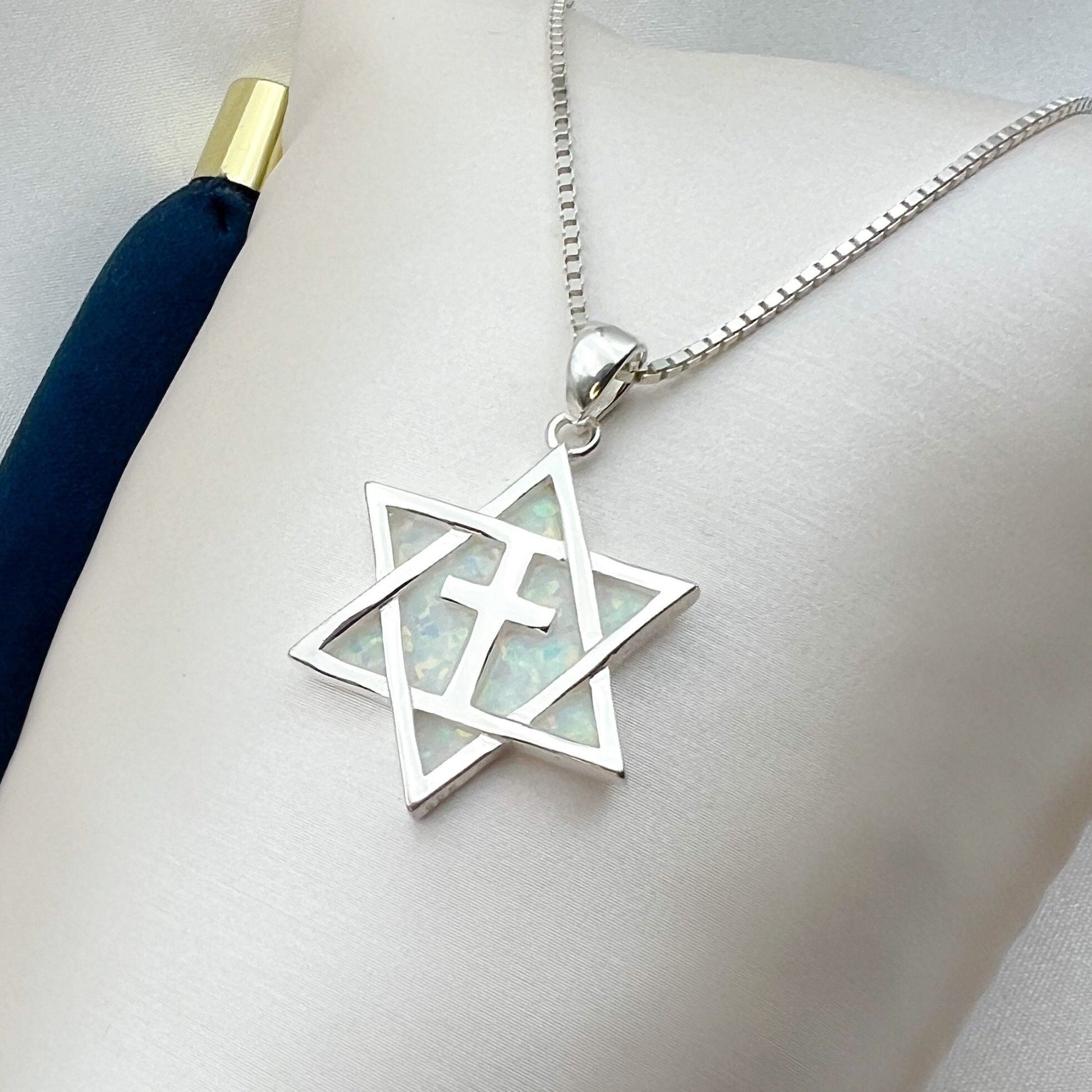 Messianic Star of David Cross Pendant with White Opal