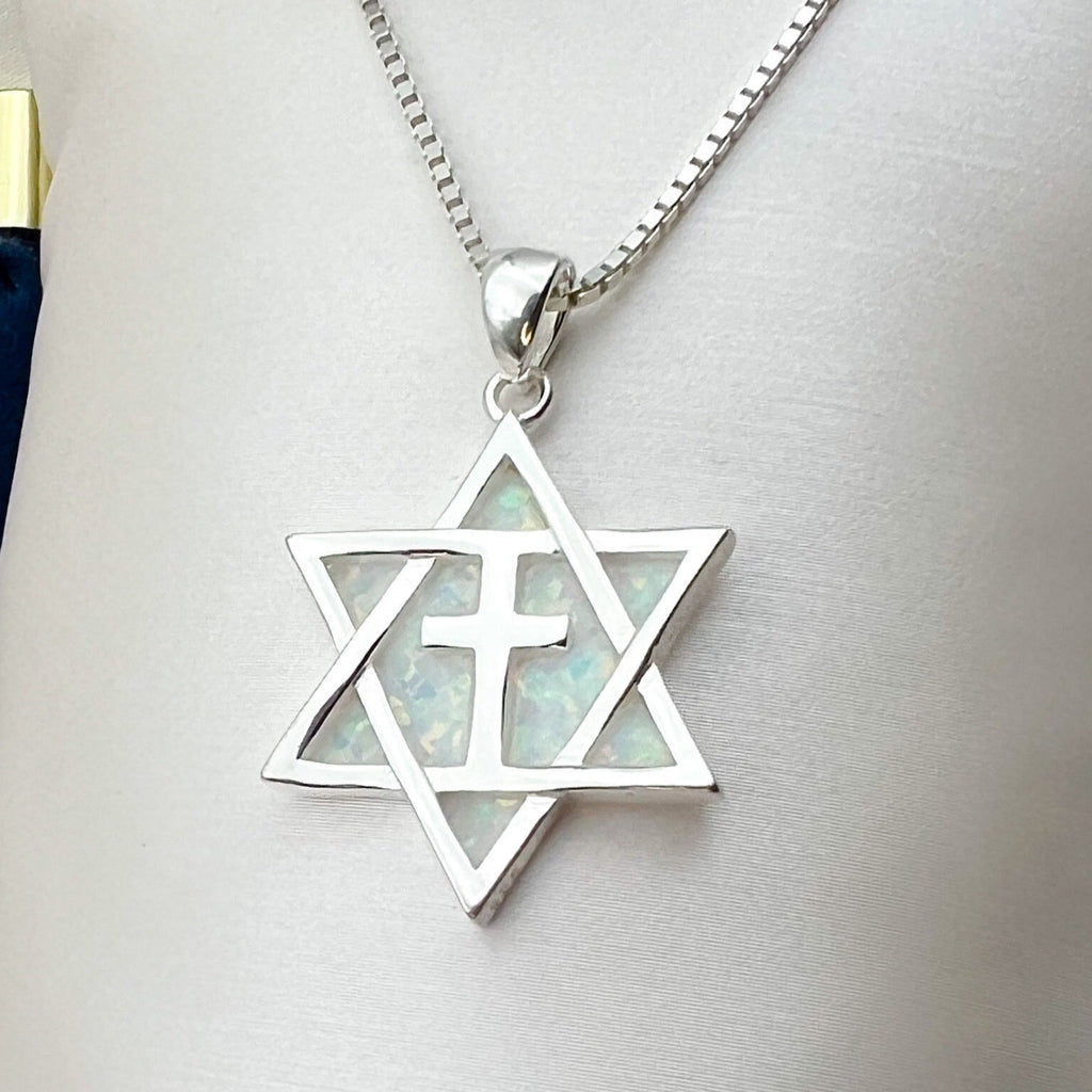 Messianic Star of David Cross Pendant with White Opal