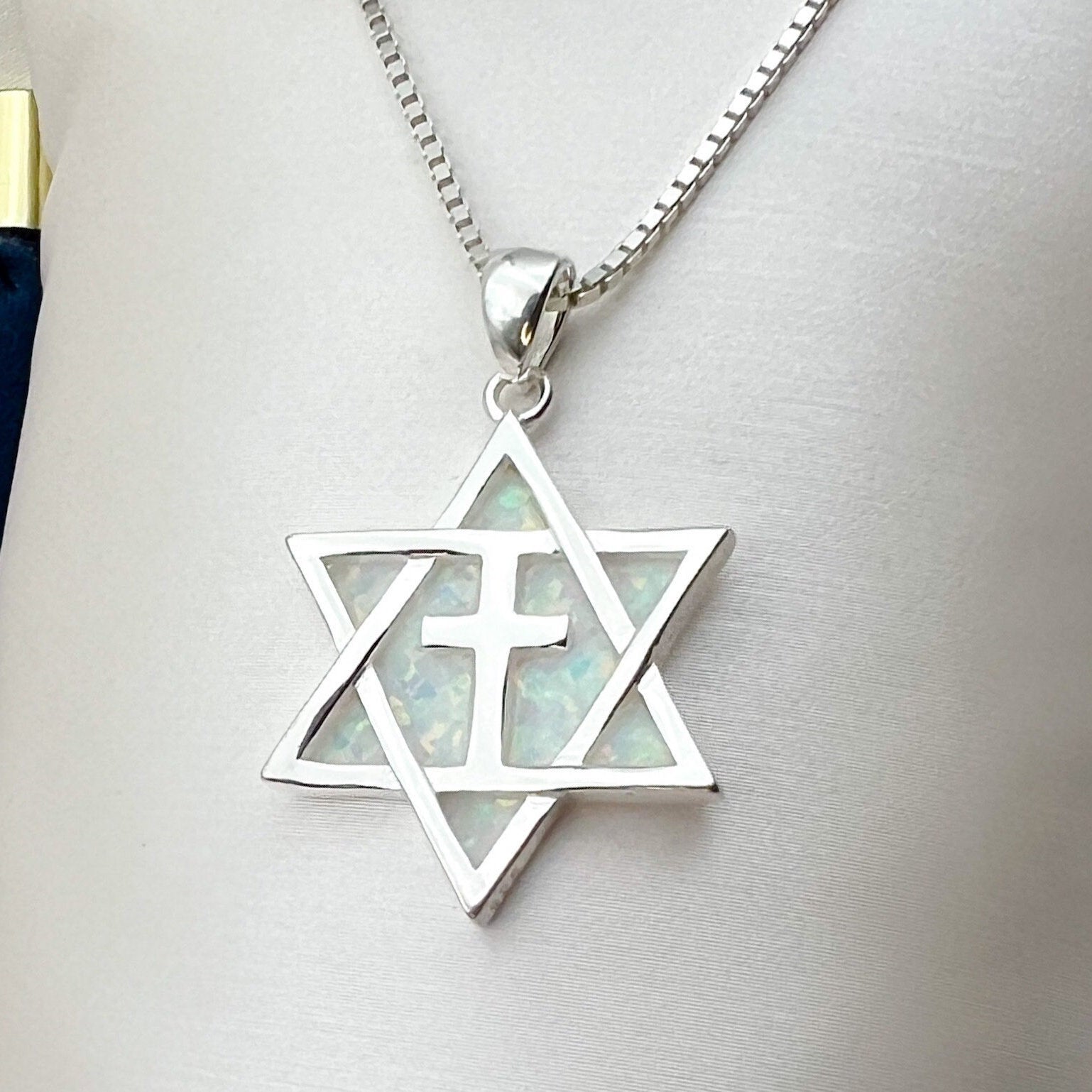 Messianic Star of David Cross Pendant with White Opal