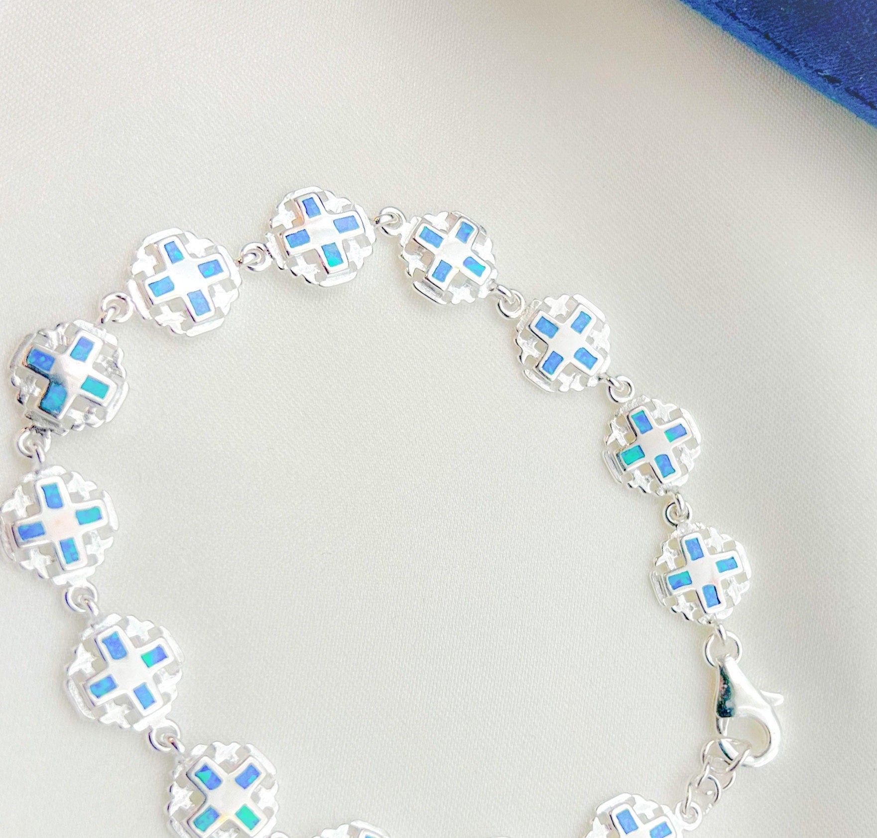 Blue Opal Jerusalem Cross Bracelet in Sterling Silver – Symbol of Faith and Elegance