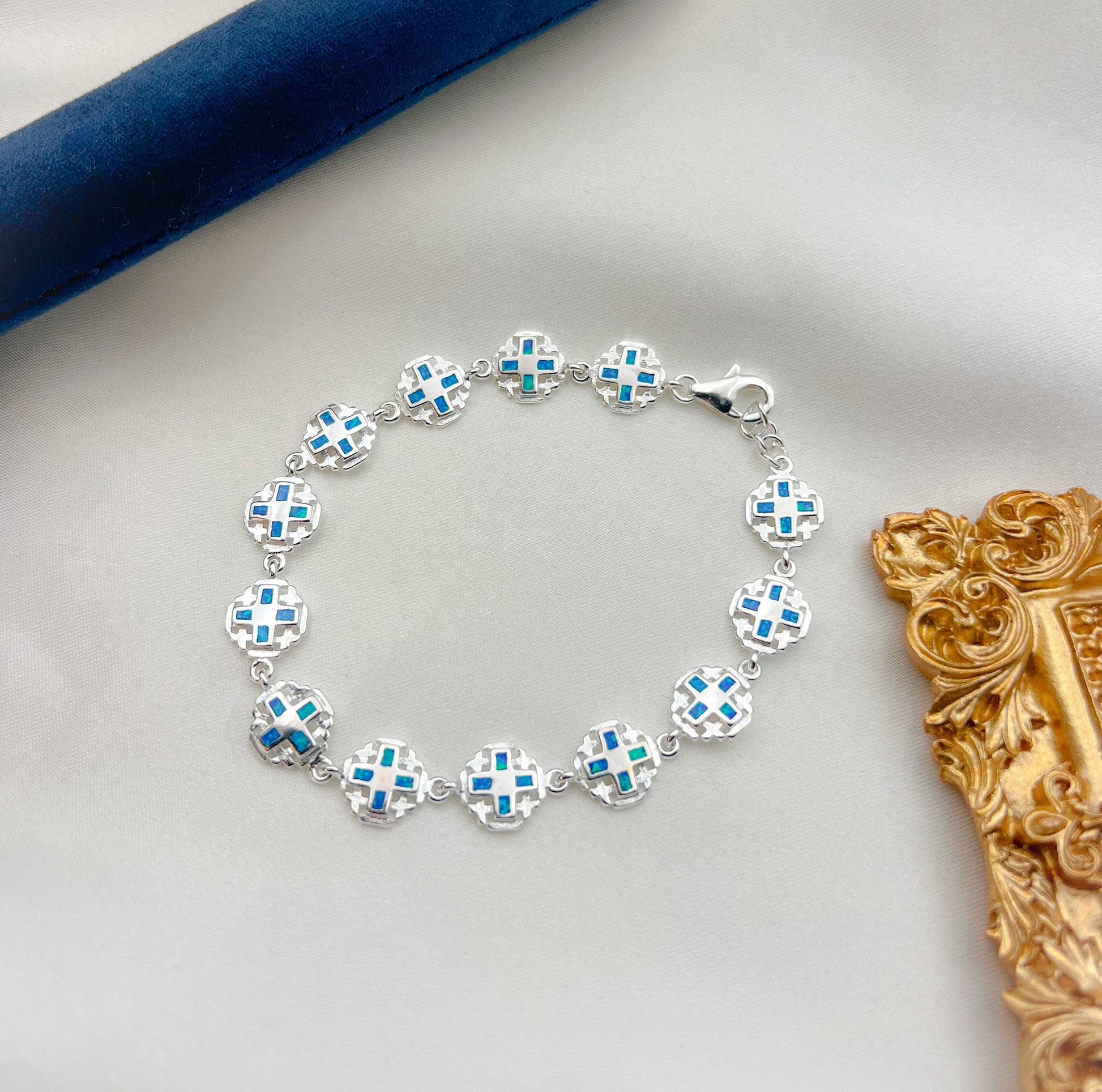 Blue Opal Jerusalem Cross Bracelet in Sterling Silver – Symbol of Faith and Elegance