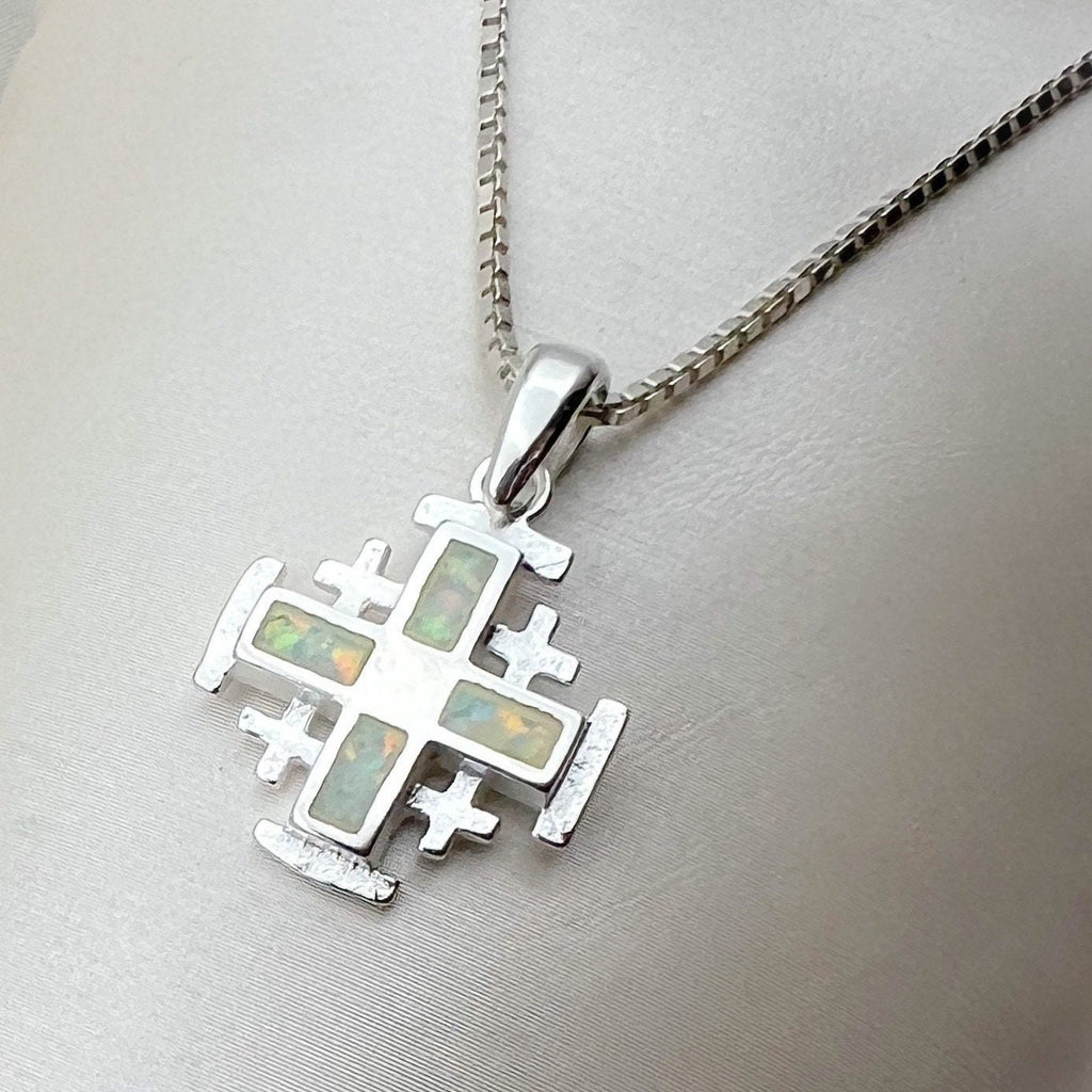 White Opal Jerusalem Cross Pendant – Silver 925 with Chain