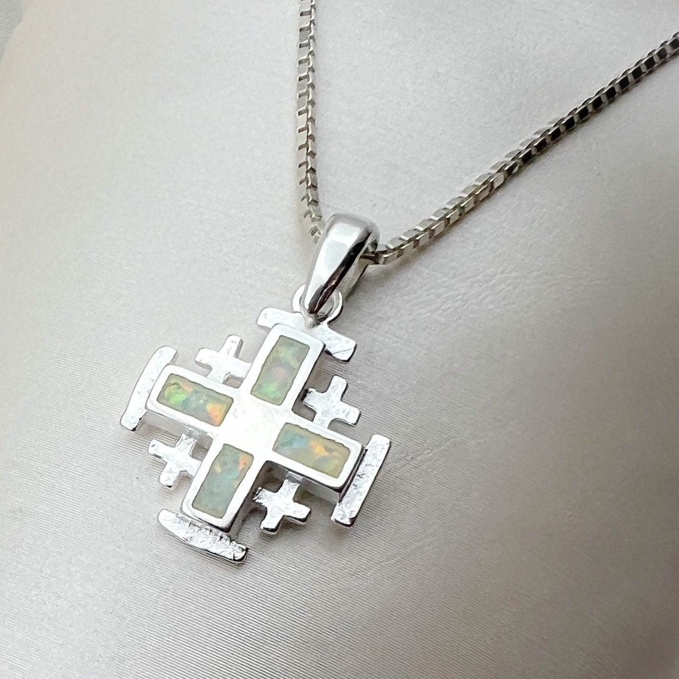 White Opal Jerusalem Cross Pendant – Silver 925 with Chain