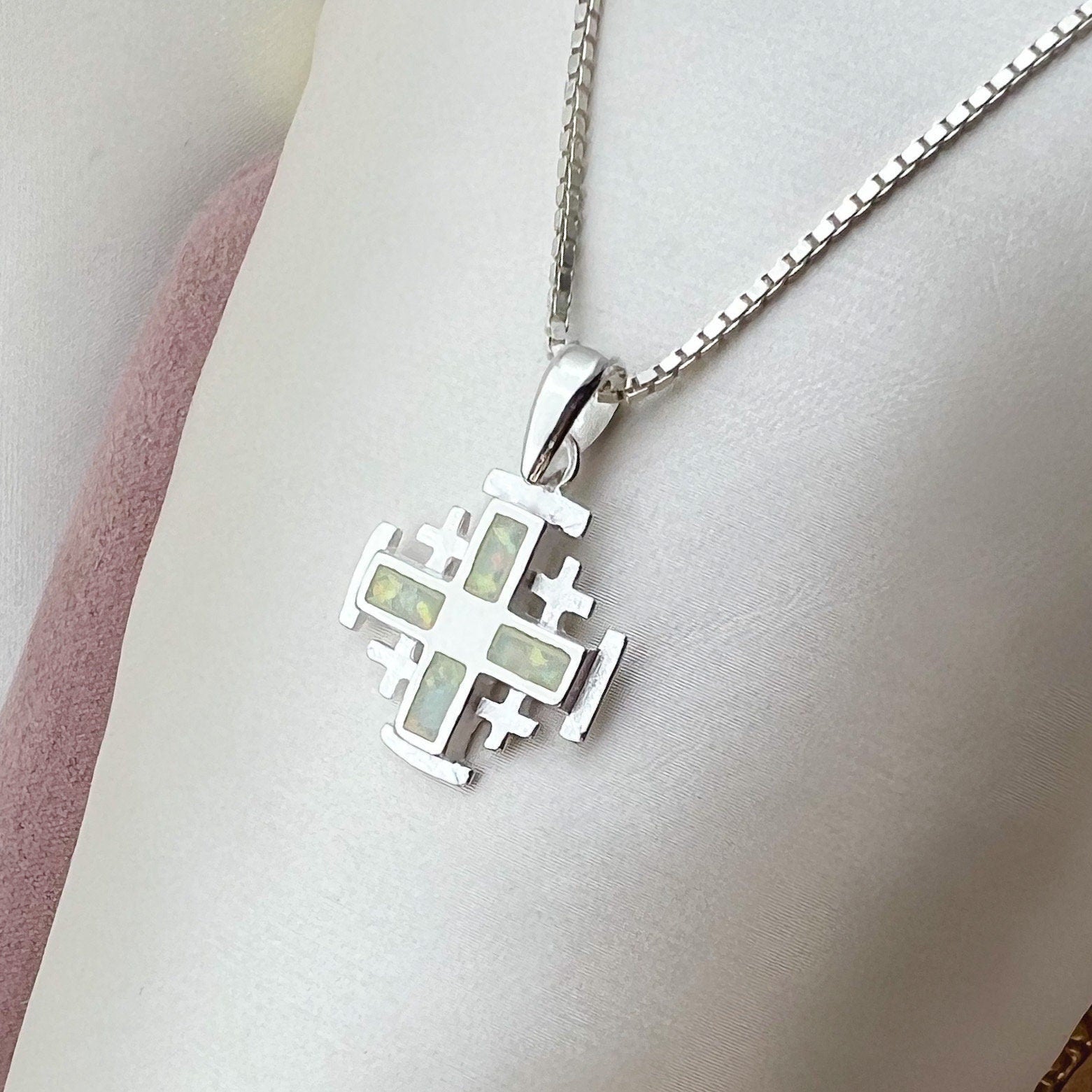 White Opal Jerusalem Cross Pendant – Silver 925 with Chain
