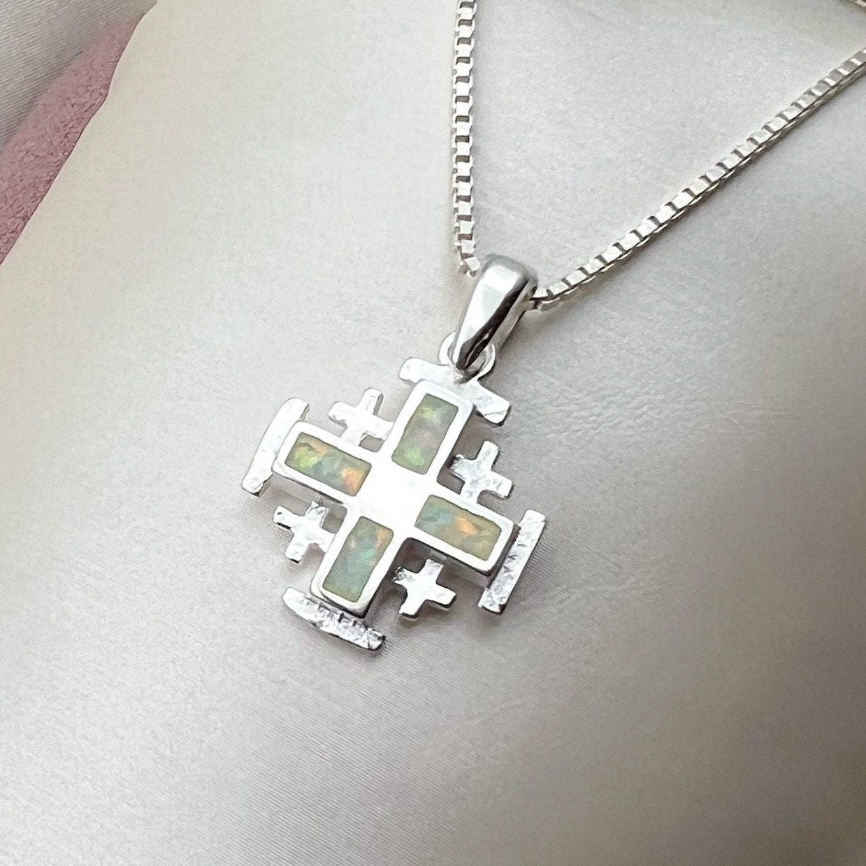 White Opal Jerusalem Cross Pendant – Silver 925 with Chain