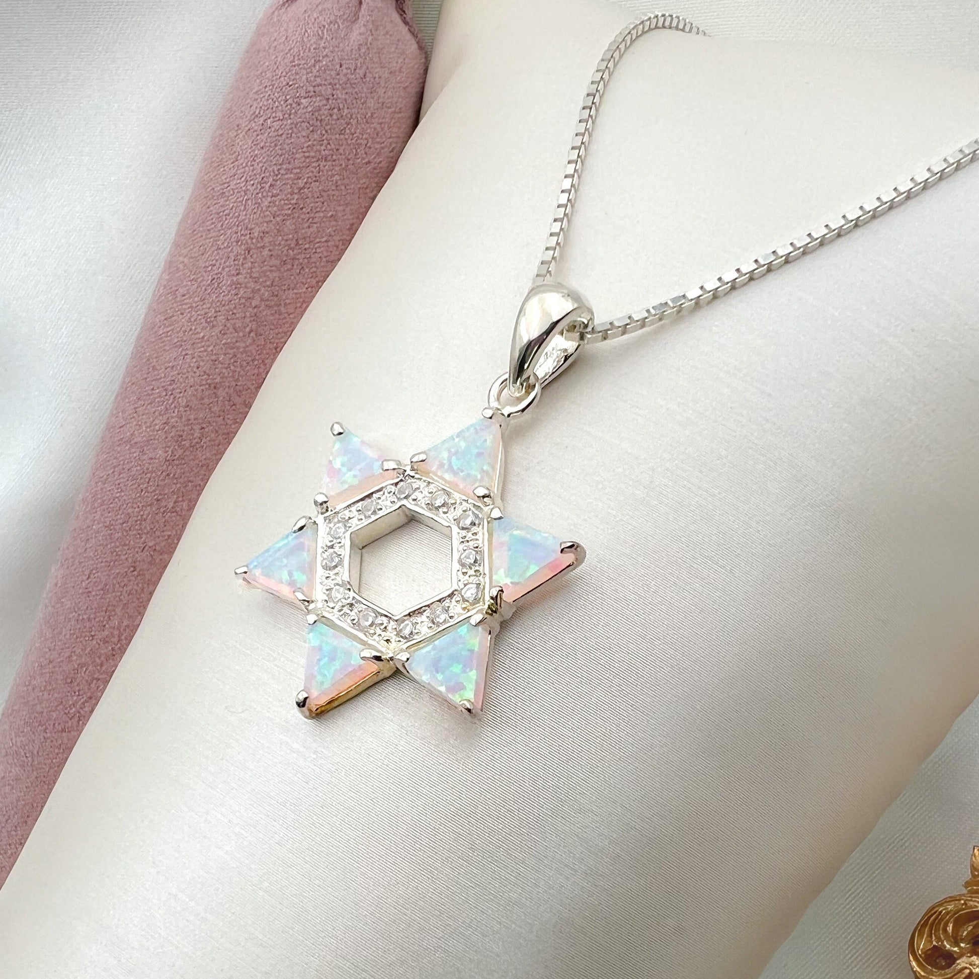 Shimmering White Opal David Star Pendant in Sterling Silver 925