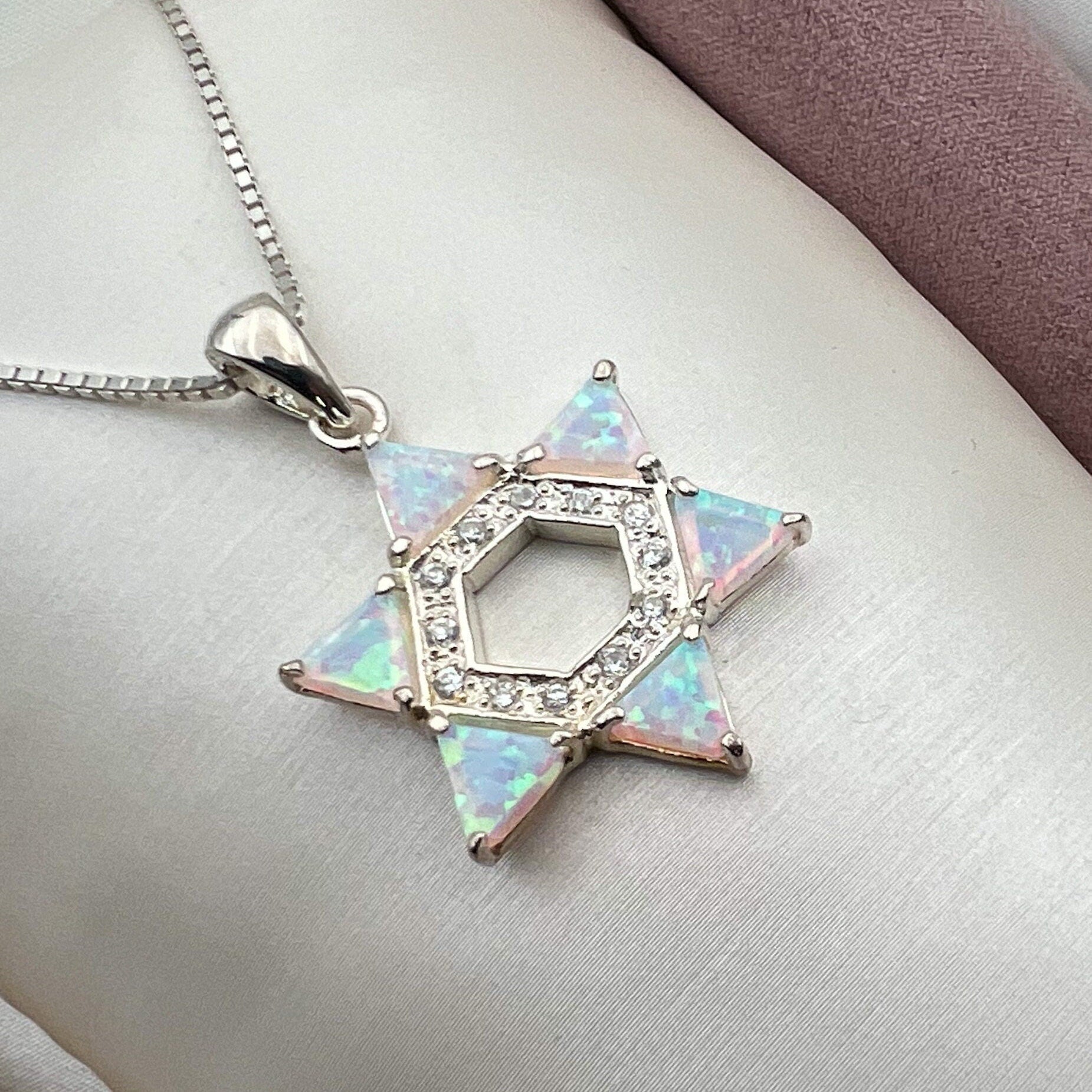 Shimmering White Opal David Star Pendant in Sterling Silver 925