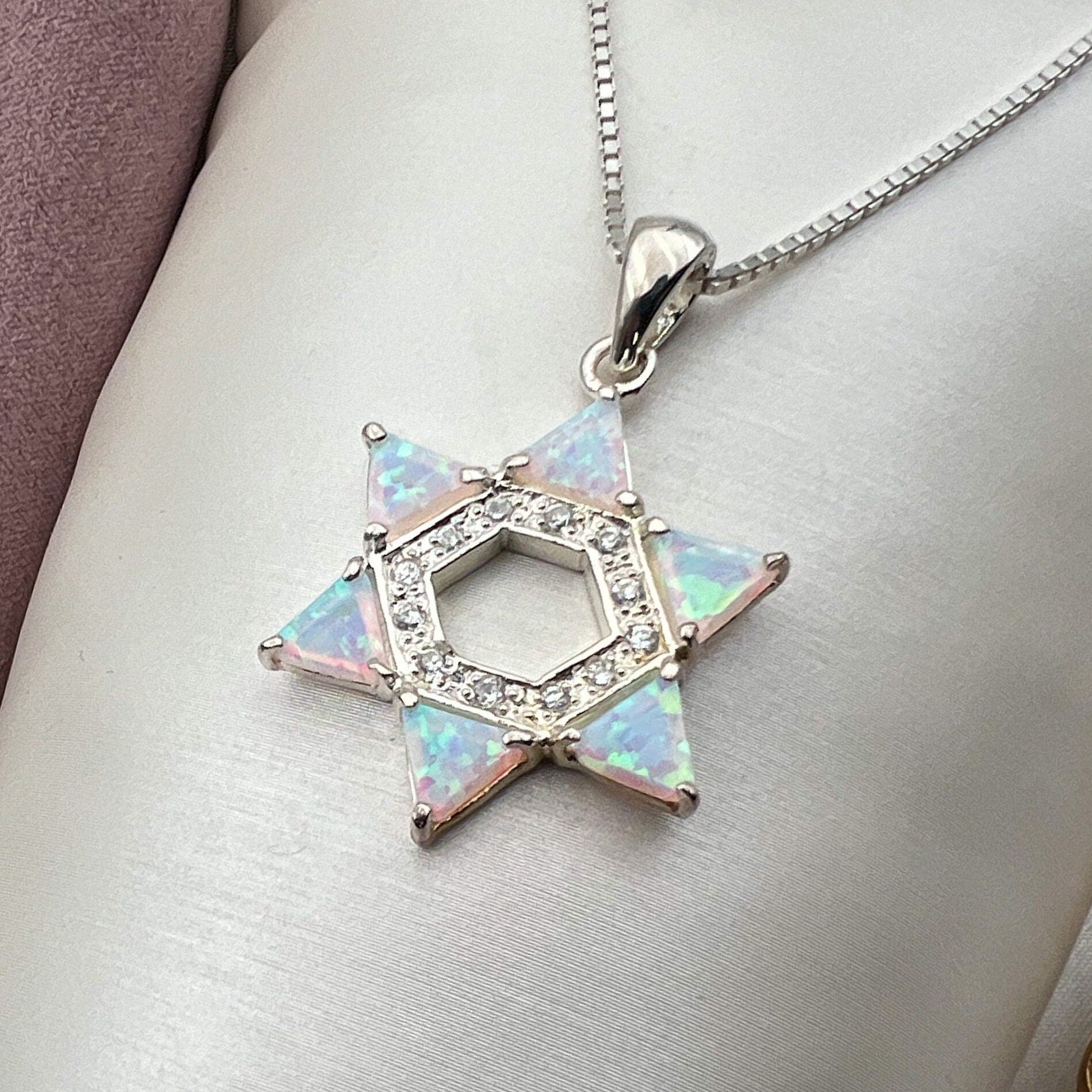 Shimmering White Opal David Star Pendant in Sterling Silver 925