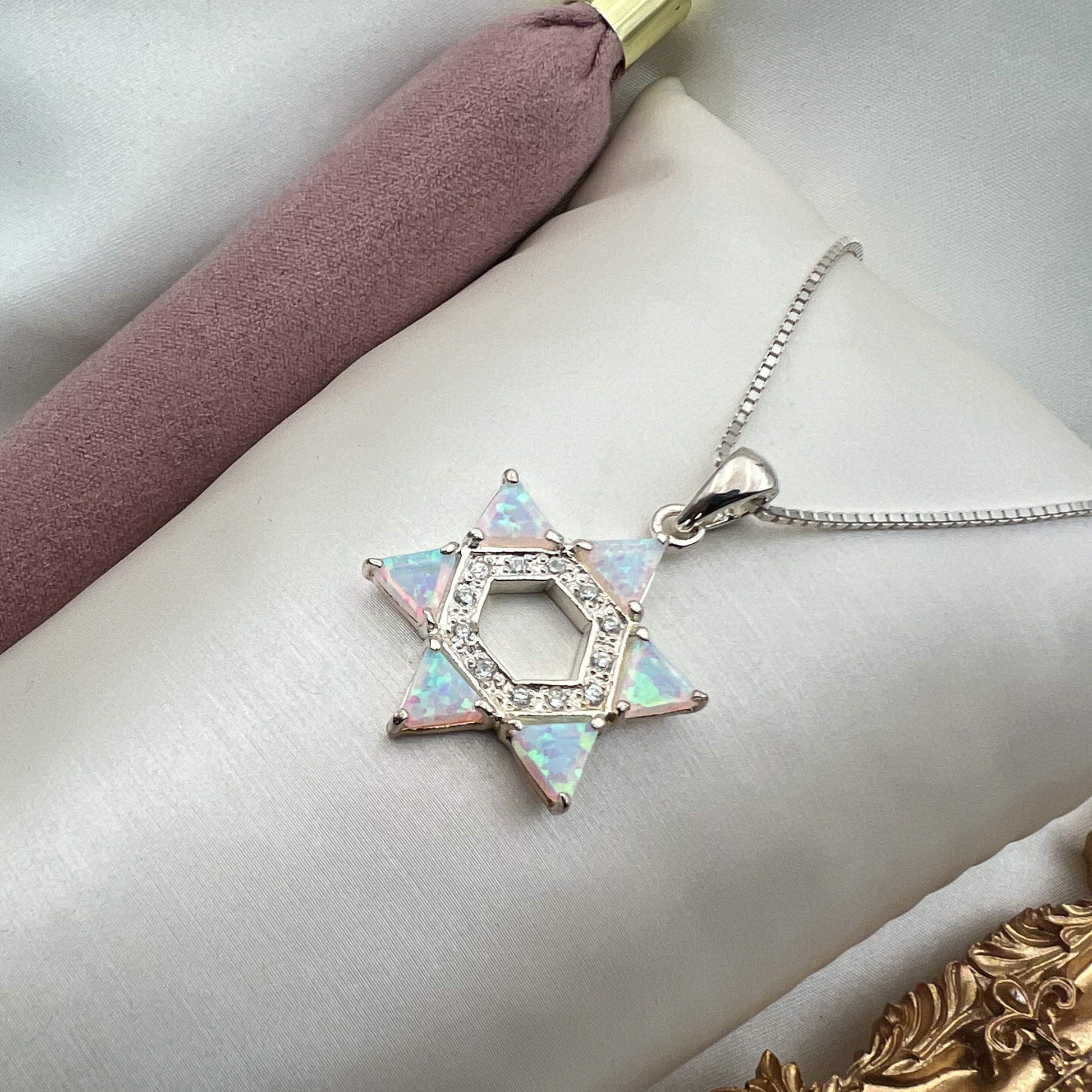 Shimmering White Opal David Star Pendant in Sterling Silver 925