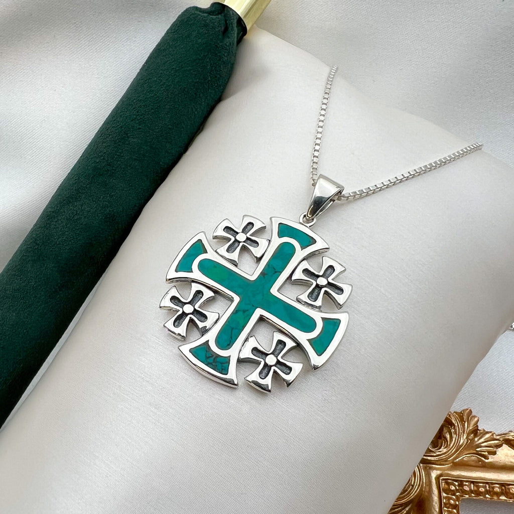 King Solomon’s Jerusalem Cross Pendant in Sterling Silver with Eilat Stone