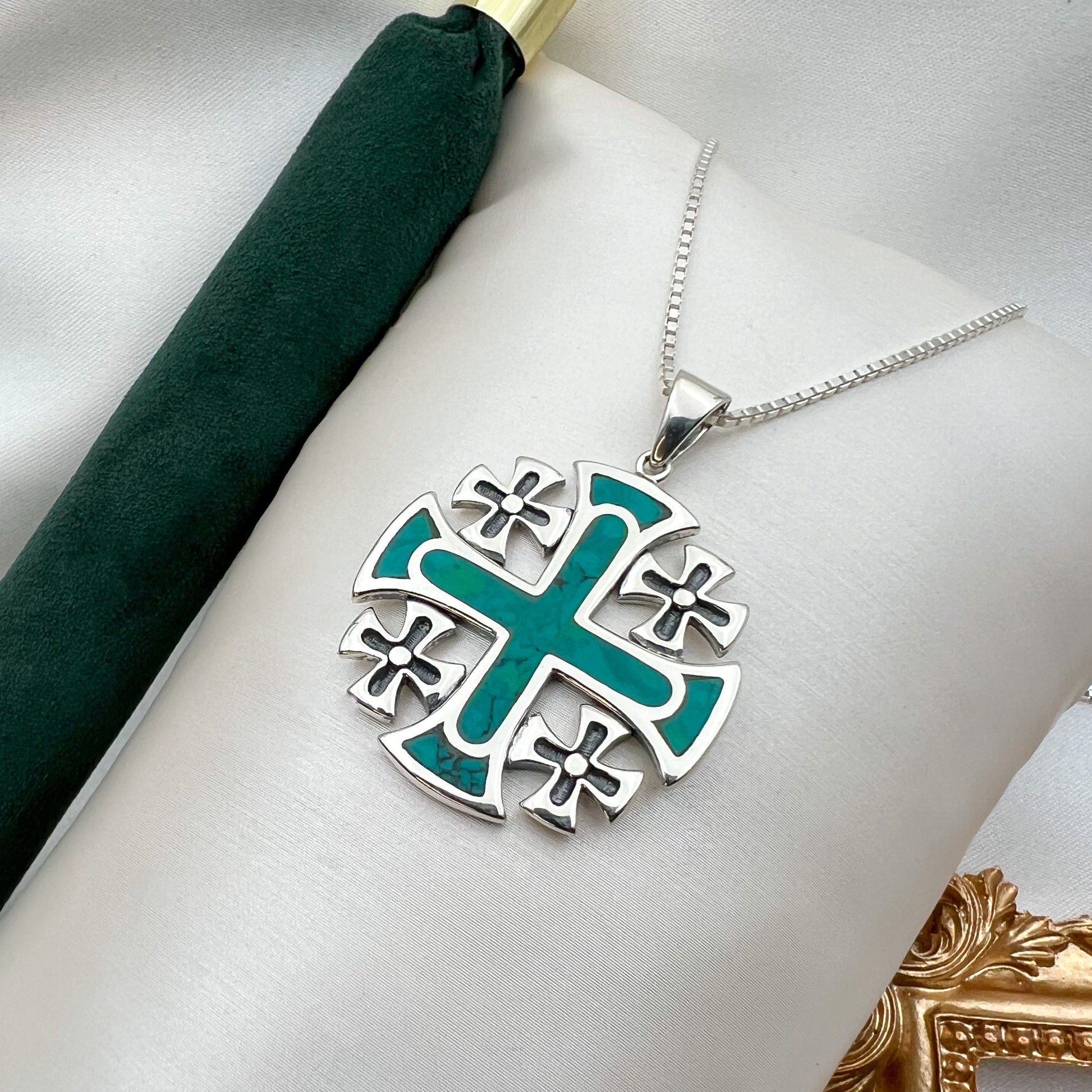 King Solomon’s Jerusalem Cross Pendant in Sterling Silver with Eilat Stone