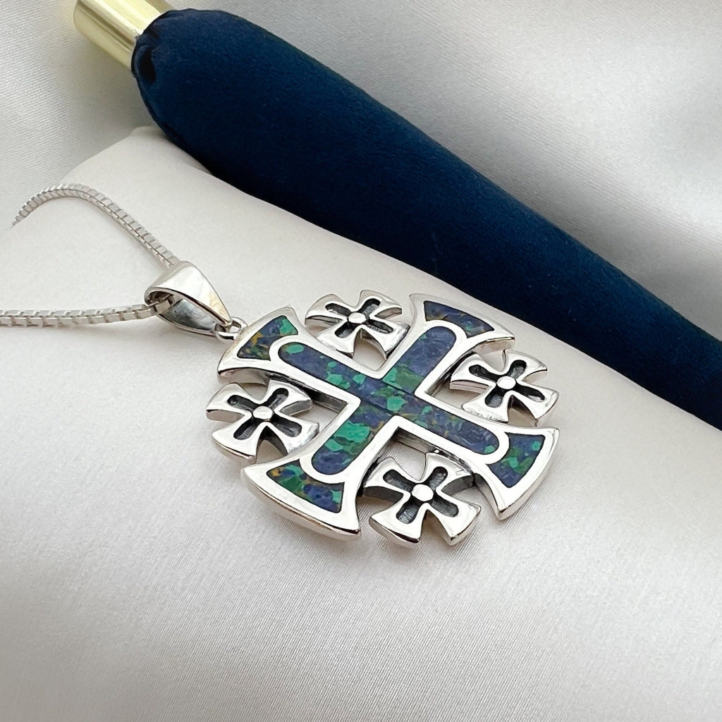 Eilat Stone King Solomon Cross Pendant, Silver 925 with Coordinating Chain