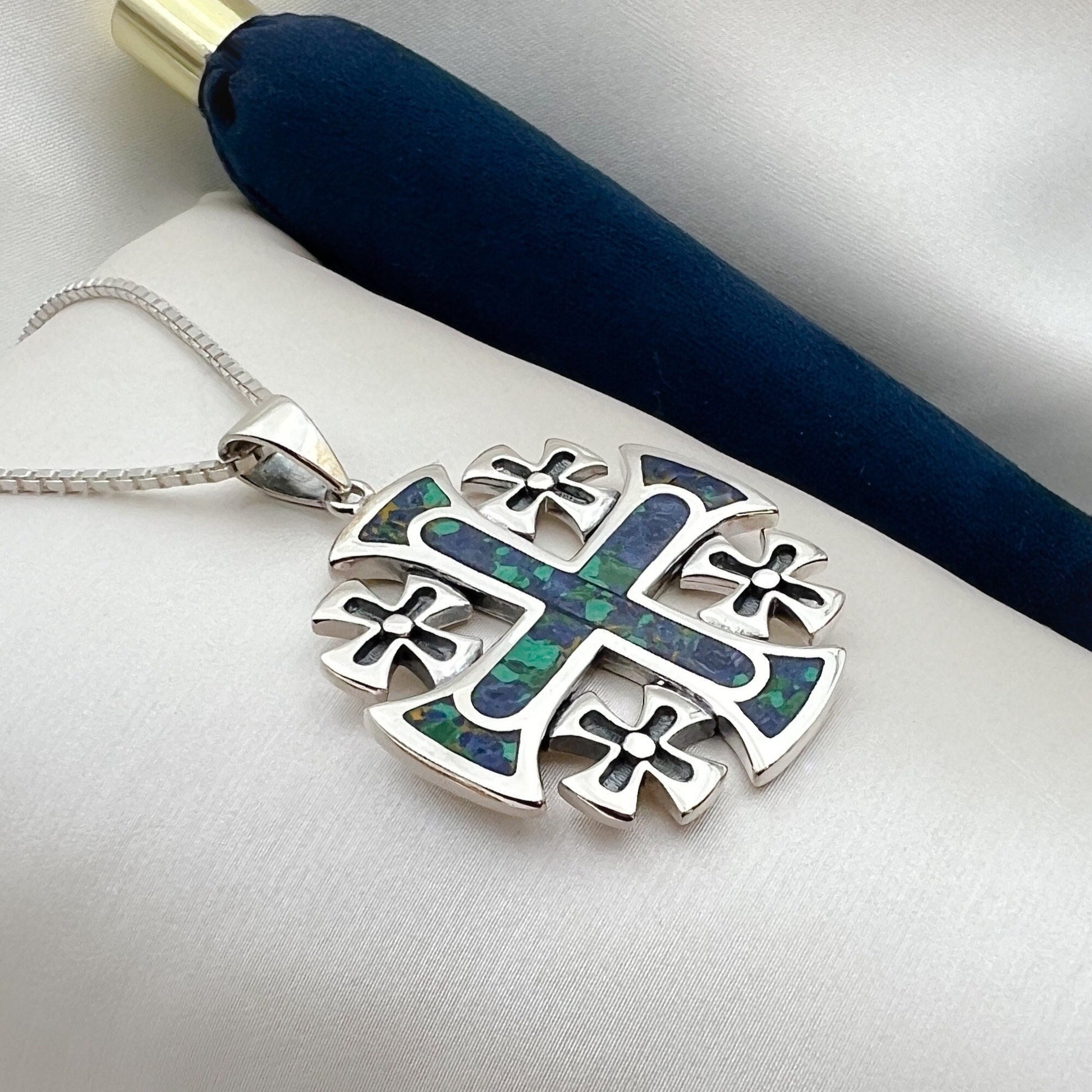 Eilat Stone King Solomon Cross Pendant, Silver 925 with Coordinating Chain