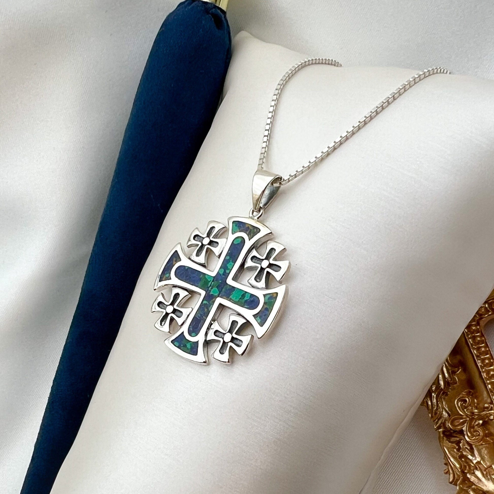 Eilat Stone King Solomon Cross Pendant, Silver 925 with Coordinating Chain