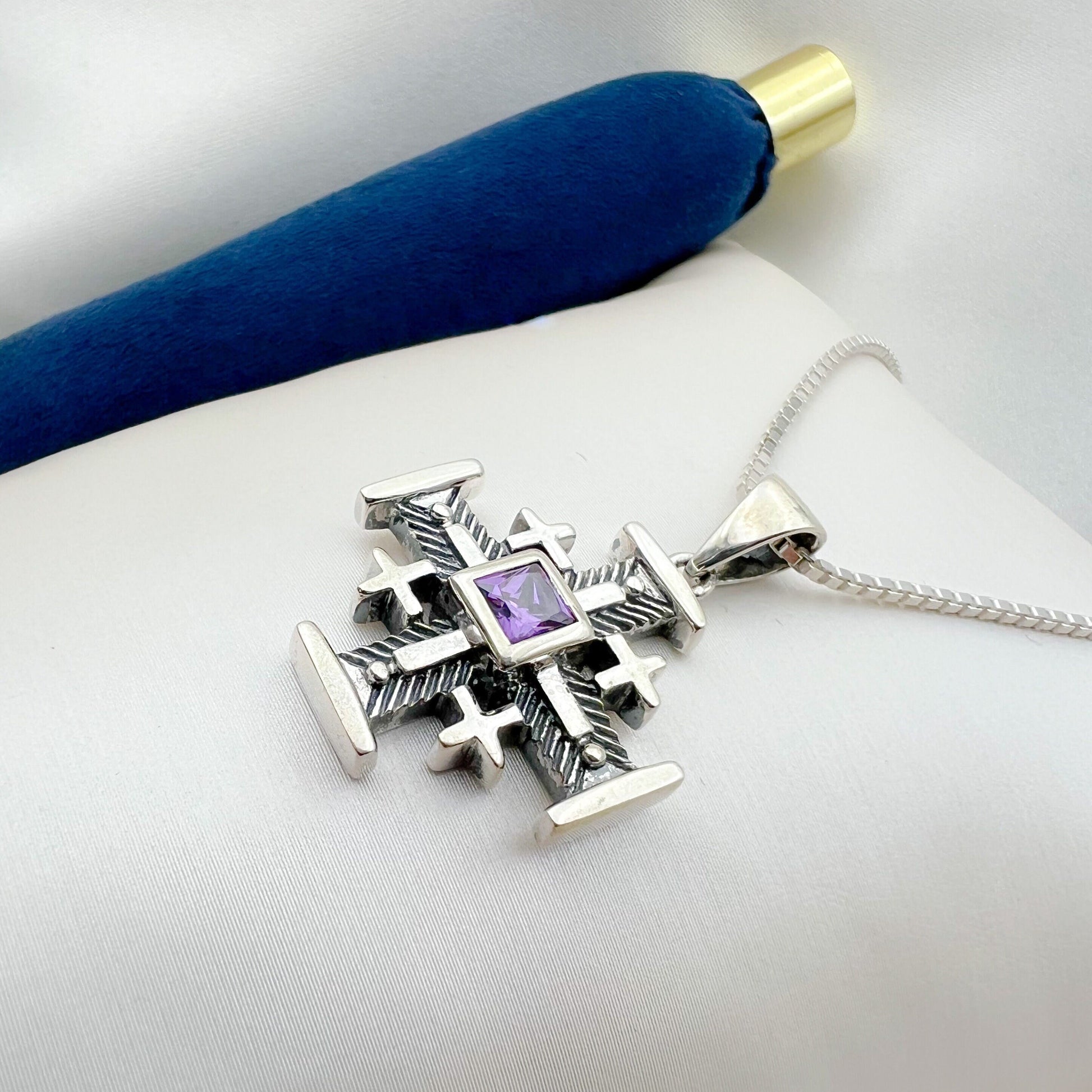 Jerusalem Cross Pendant in Silver 925 with Amethyst Center - Engraved with Jerusalem