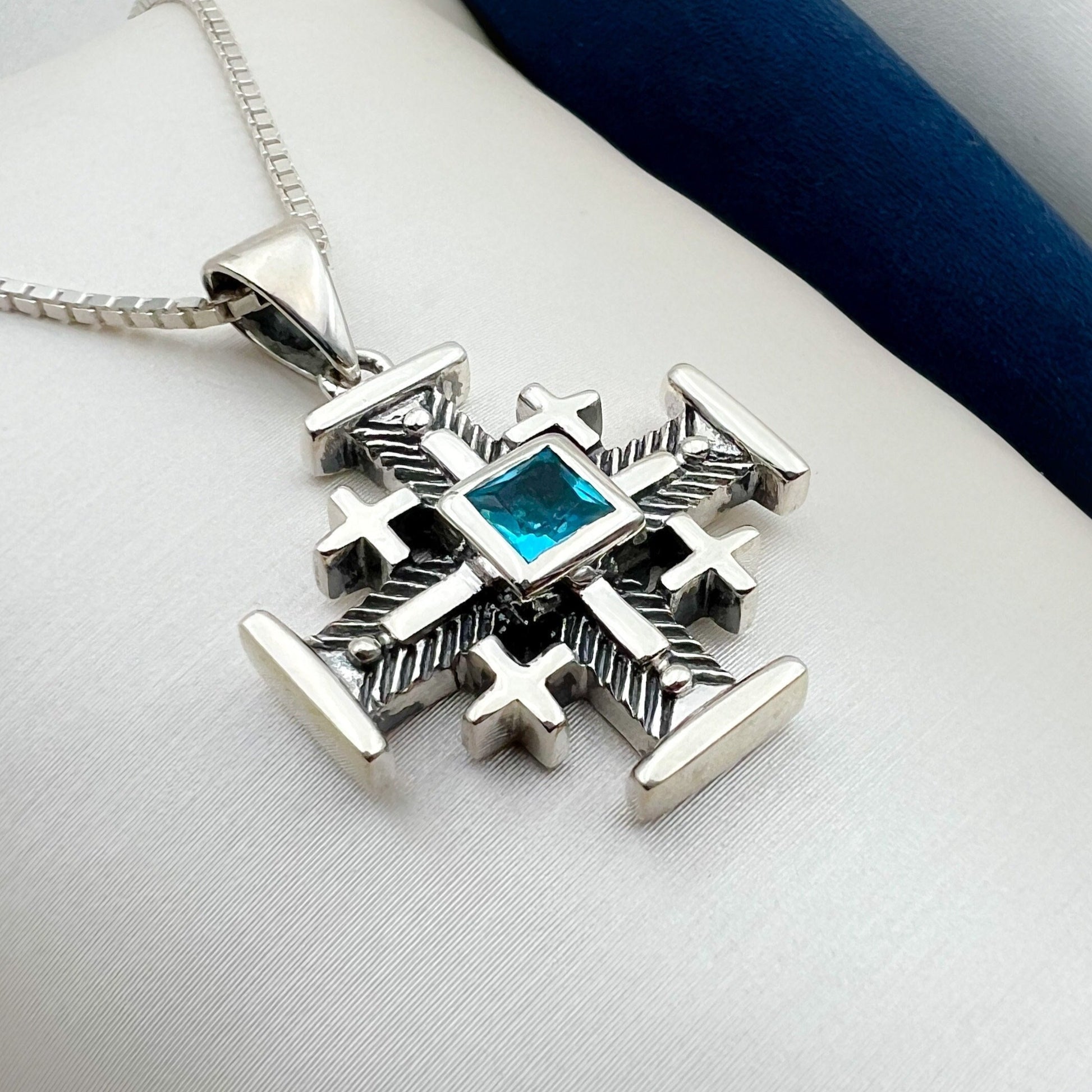 Holy Land Jerusalem Cross Pendant with Aquamarine Stone in Sterling Silver 925
