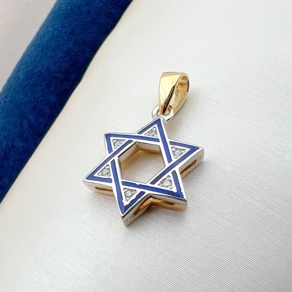 Luxurious 14k Gold David Star Pendant with Diamonds and Blue Enamel Lining