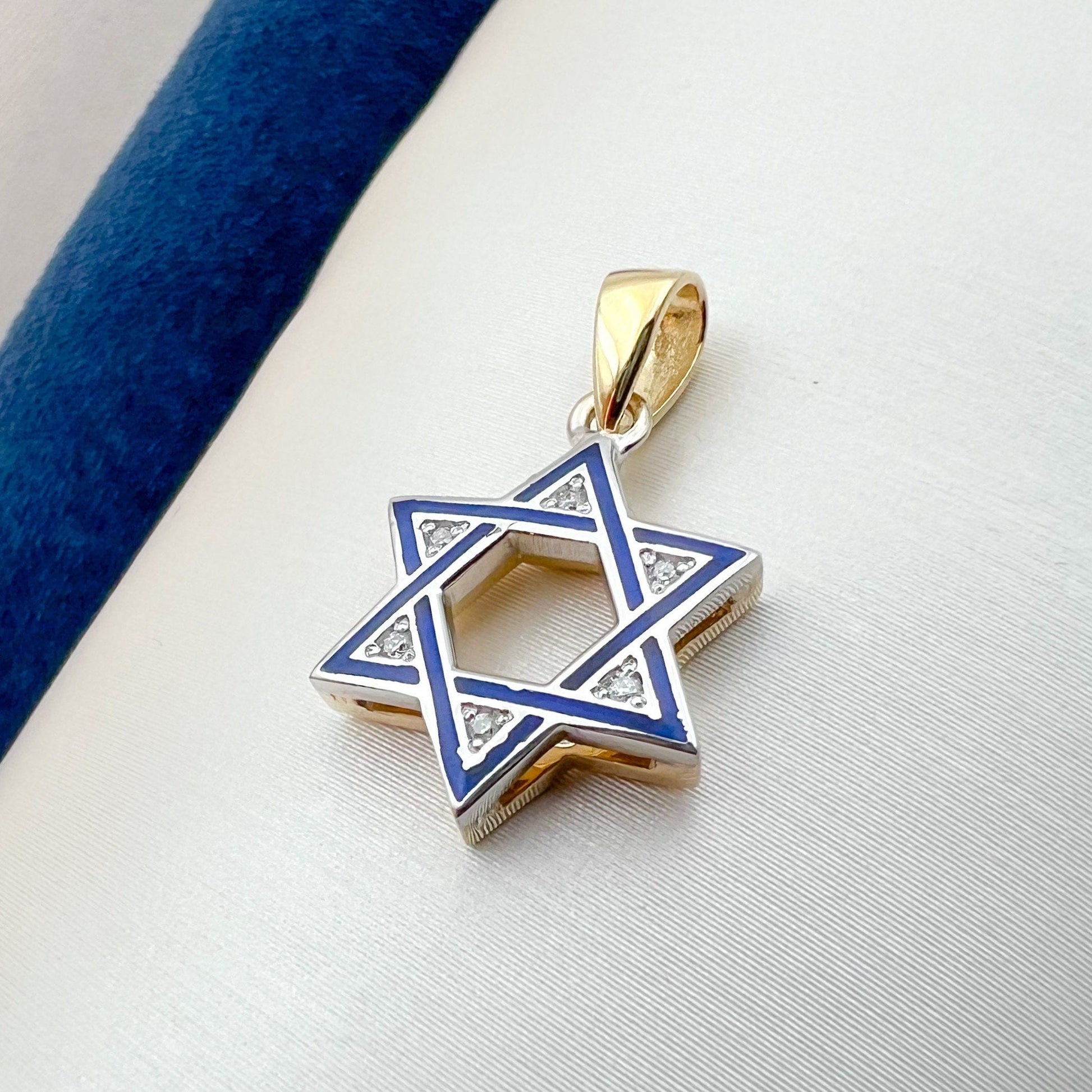 Luxurious 14k Gold David Star Pendant with Diamonds and Blue Enamel Lining