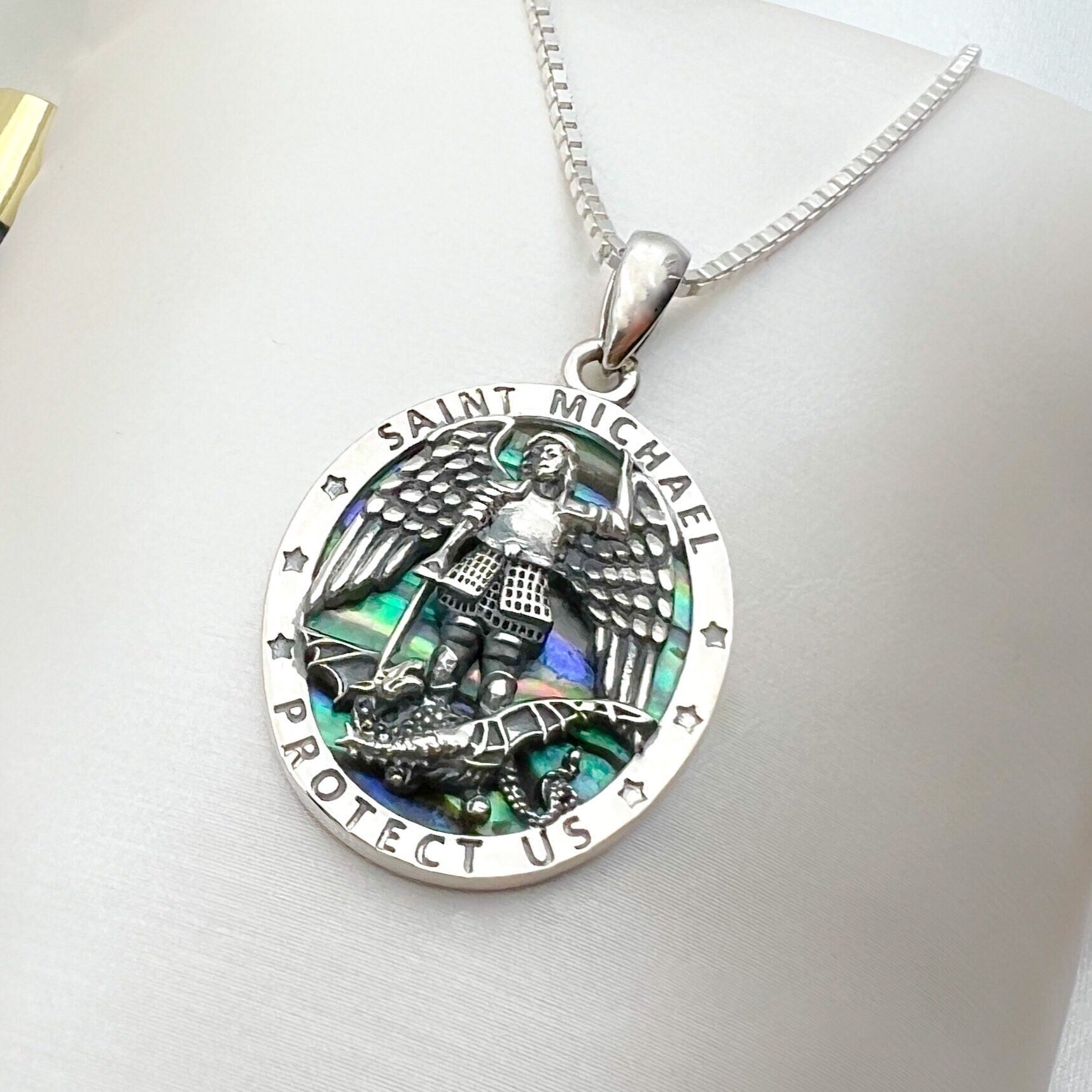 Saint Michael Guardian Pendant in 925 Silver with Mother of Pearl