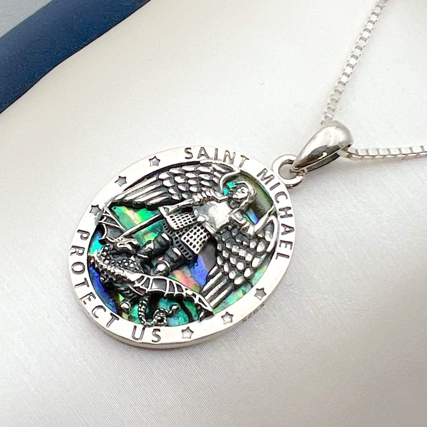Saint Michael Guardian Pendant in 925 Silver with Mother of Pearl