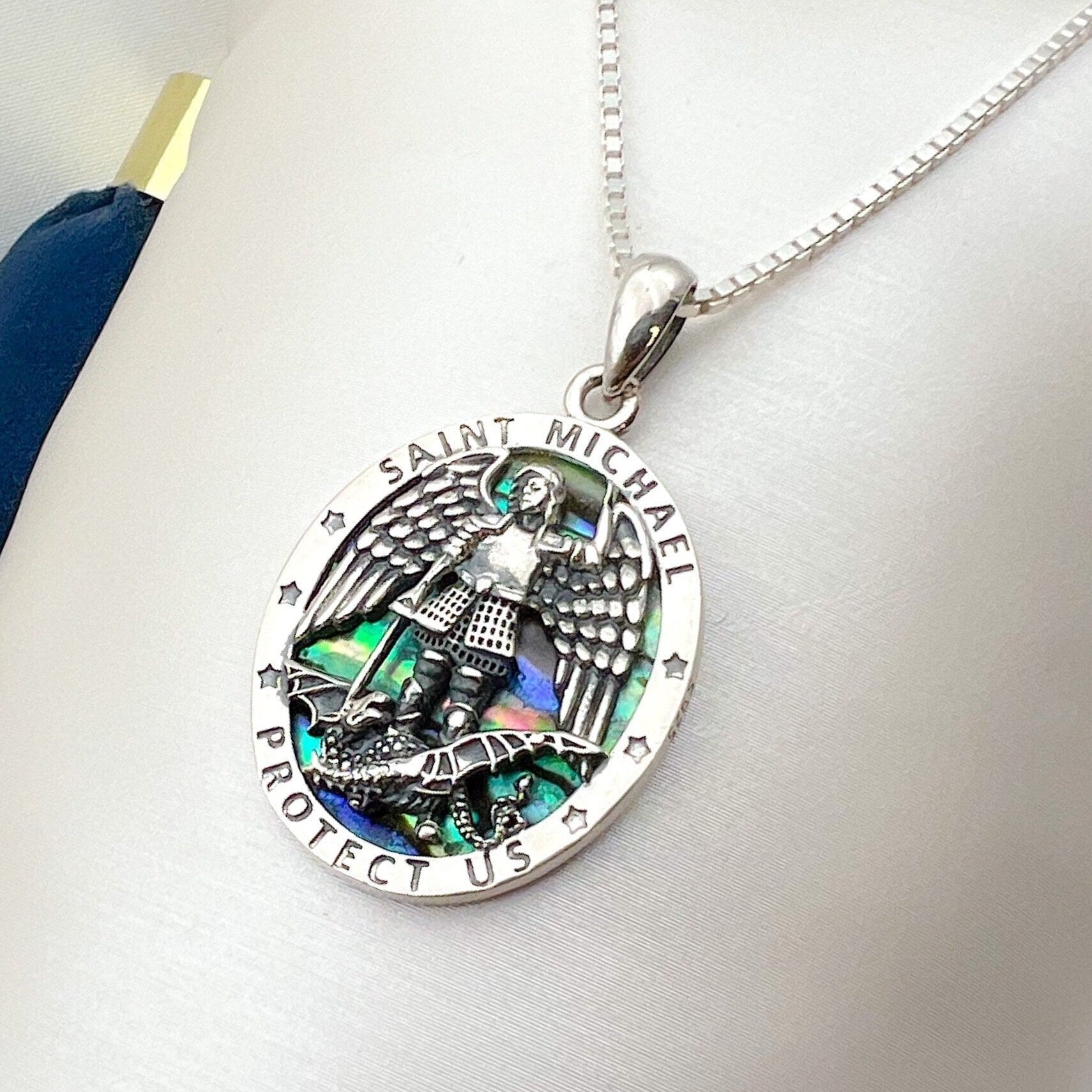 Saint Michael Guardian Pendant in 925 Silver with Mother of Pearl