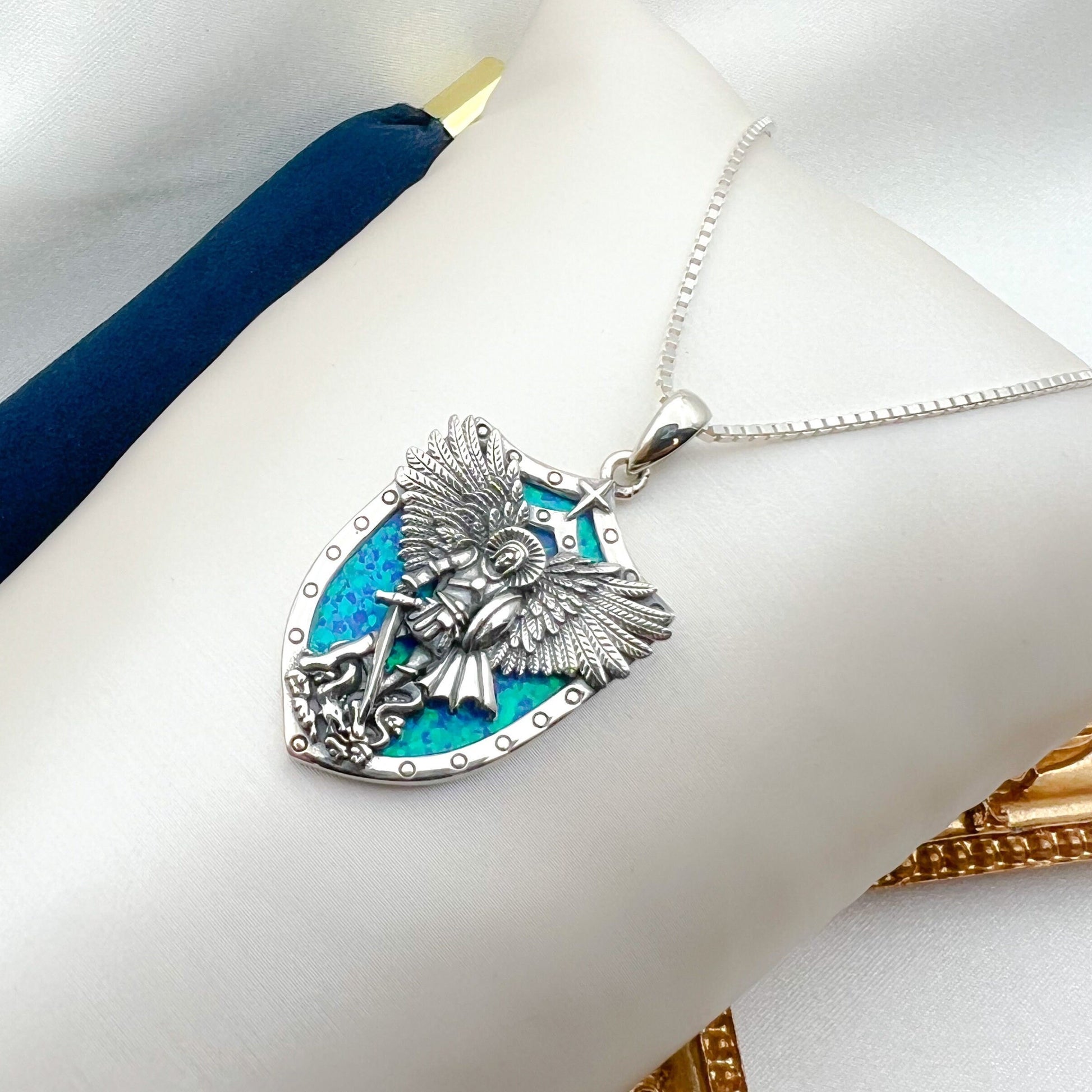 Divine Protection Saint Michael Pendant in 925 Silver and Blue Opal Stone