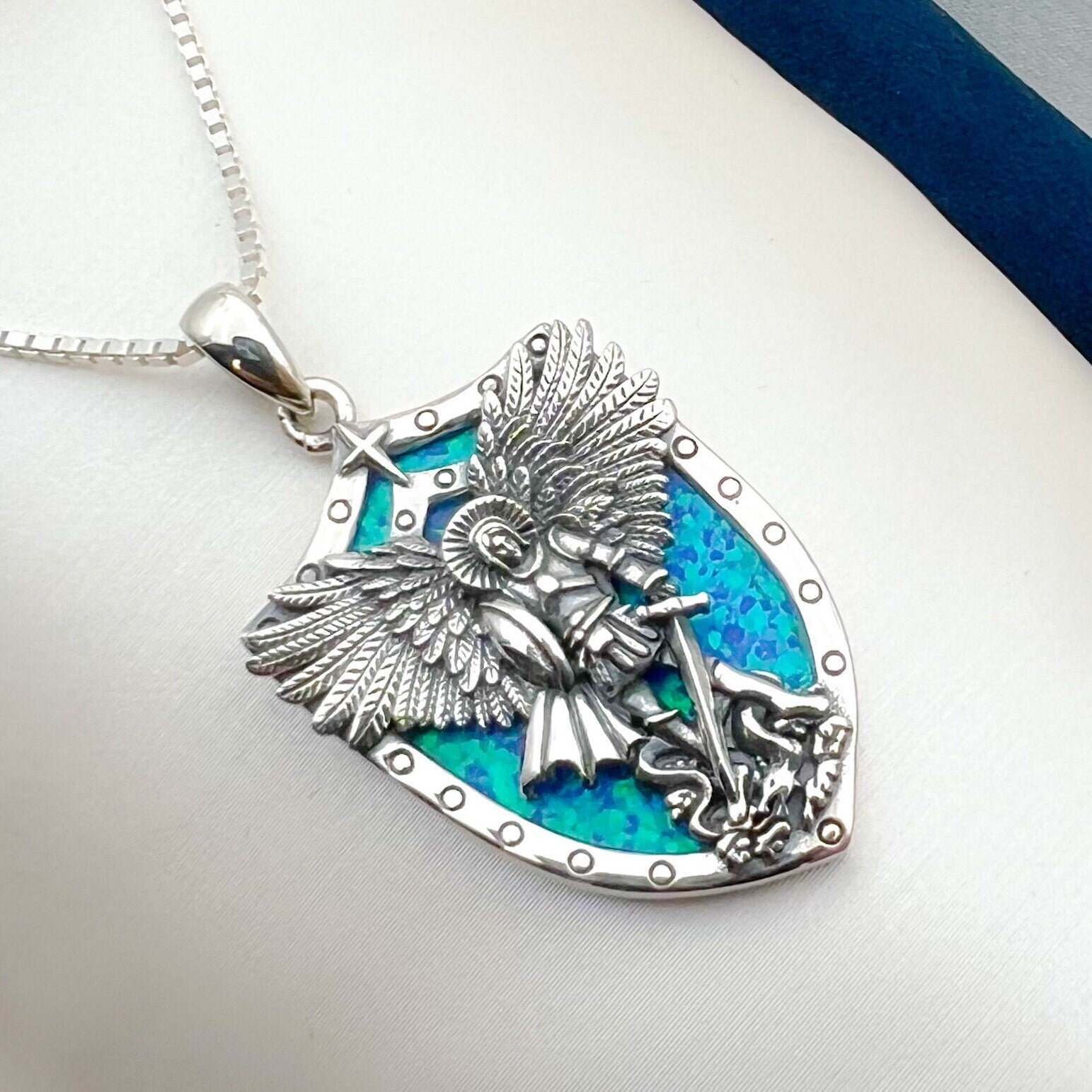 Divine Protection Saint Michael Pendant in 925 Silver and Blue Opal Stone