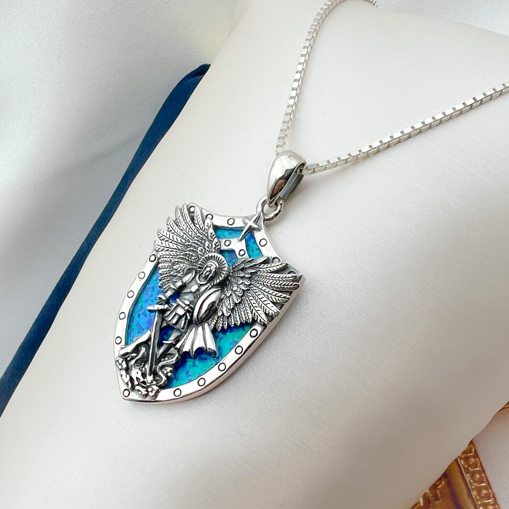 Divine Protection Saint Michael Pendant in 925 Silver and Blue Opal Stone