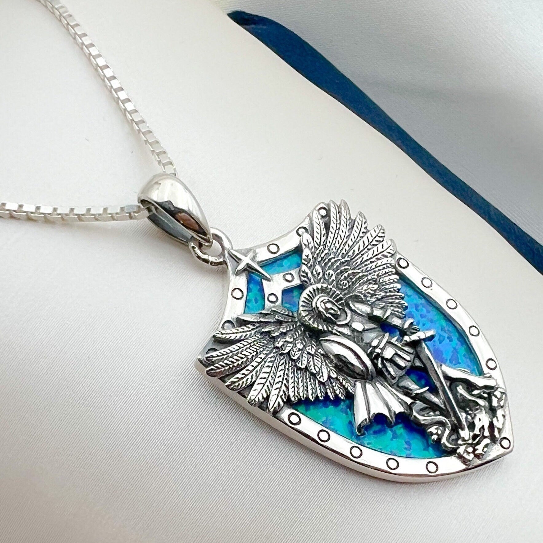 Divine Protection Saint Michael Pendant in 925 Silver and Blue Opal Stone