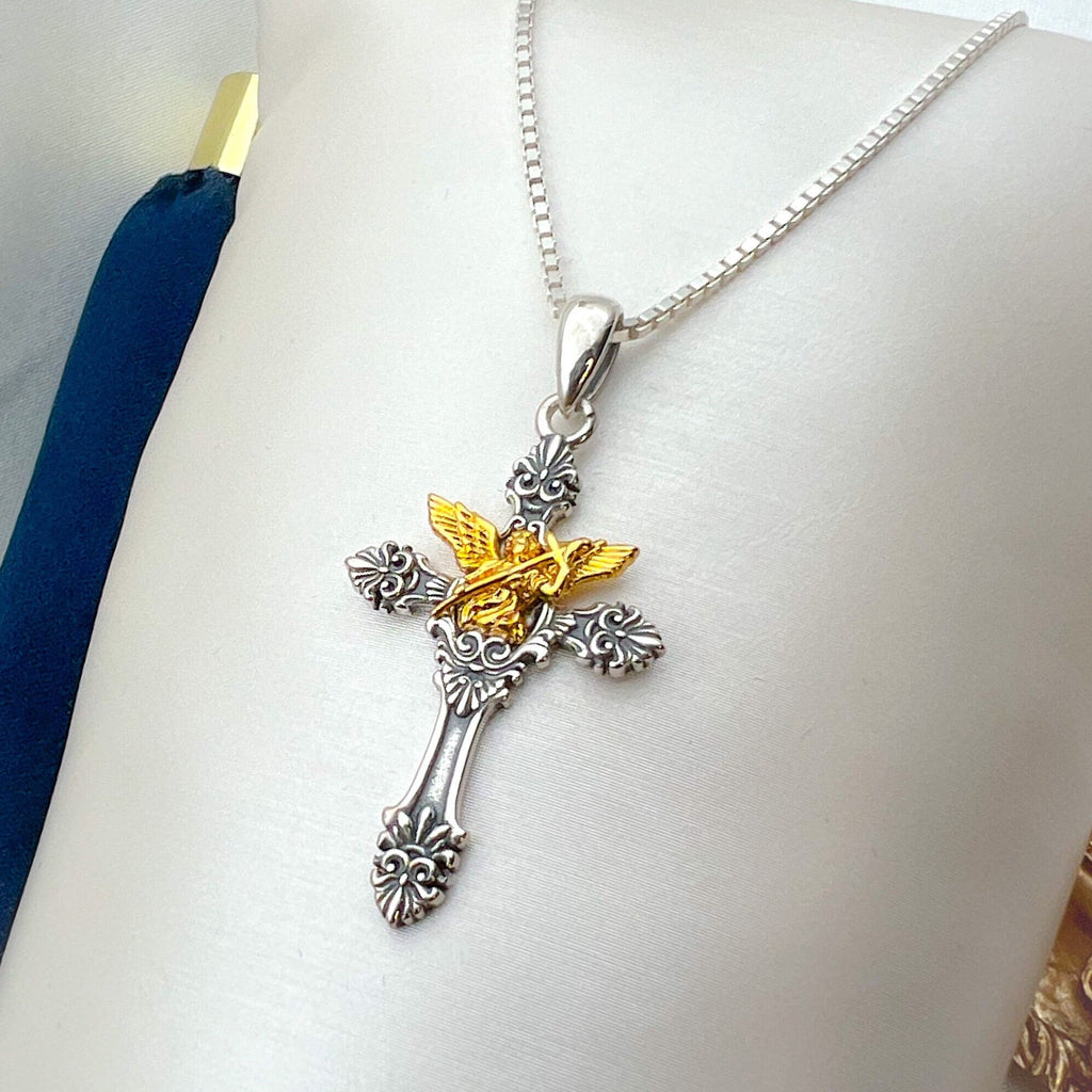 Angel and Cupid Cross Pendant in Silver 925 and 14k Gold Accent