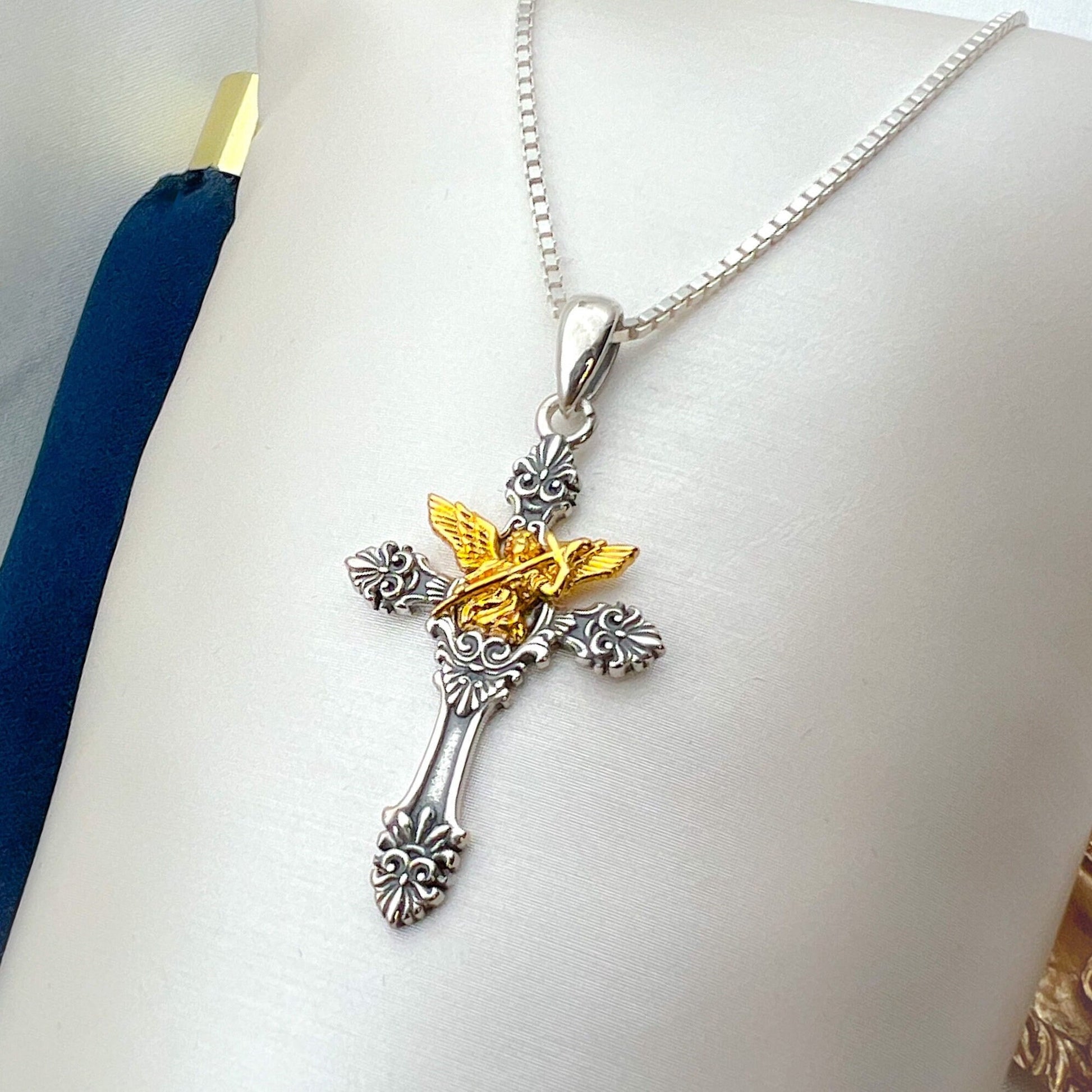 Angel and Cupid Cross Pendant in Silver 925 and 14k Gold Accent