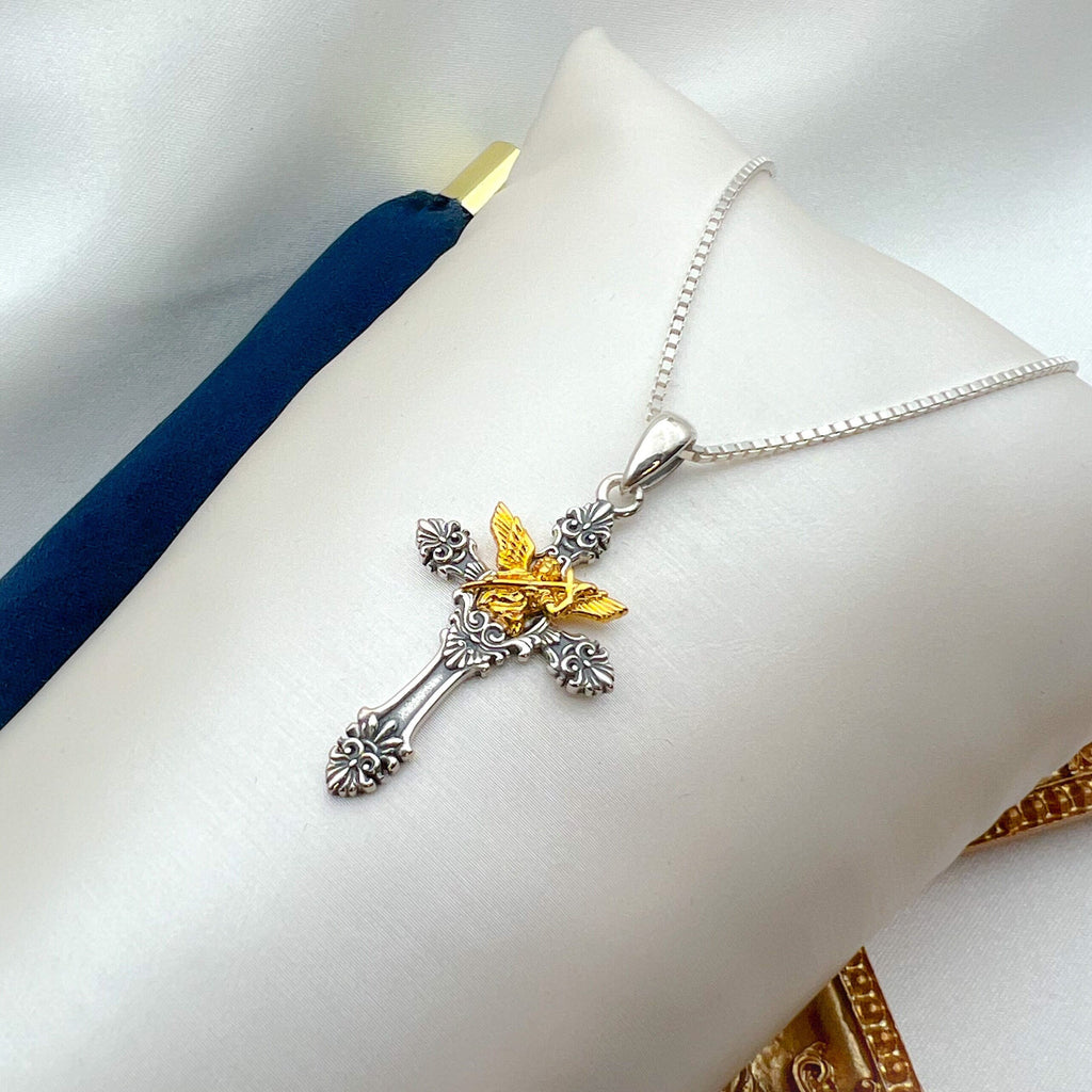 Angel and Cupid Cross Pendant in Silver 925 and 14k Gold Accent