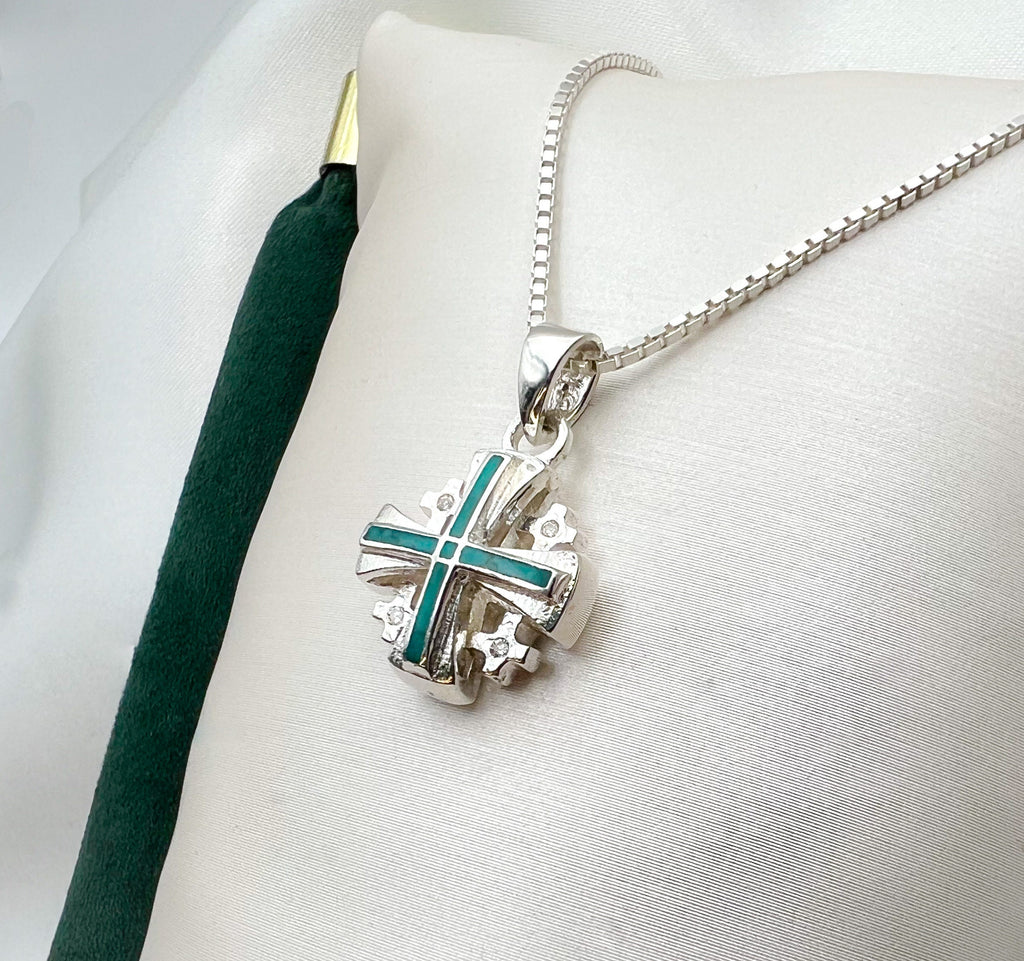 Sterling Silver King Solomon Eilat Stone Jerusalem Cross with Matching Chain