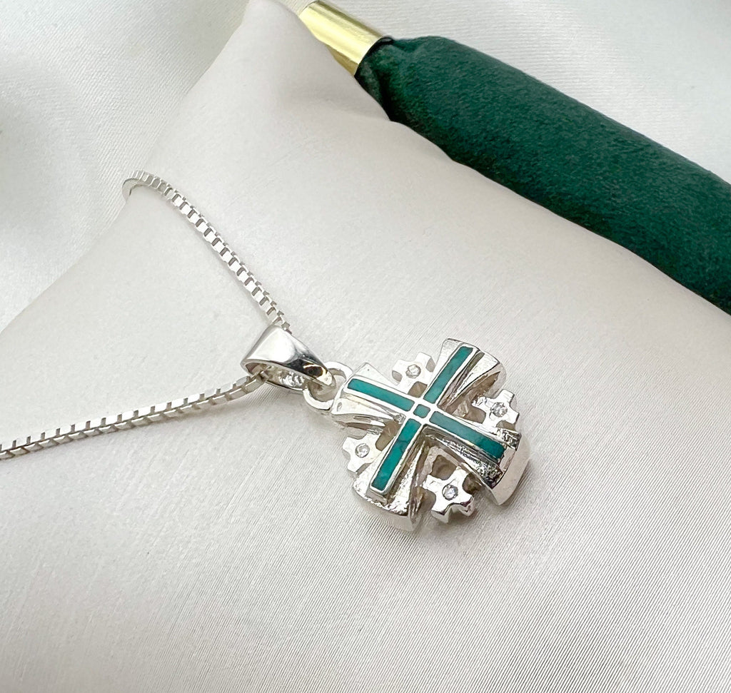 Sterling Silver King Solomon Eilat Stone Jerusalem Cross with Matching Chain