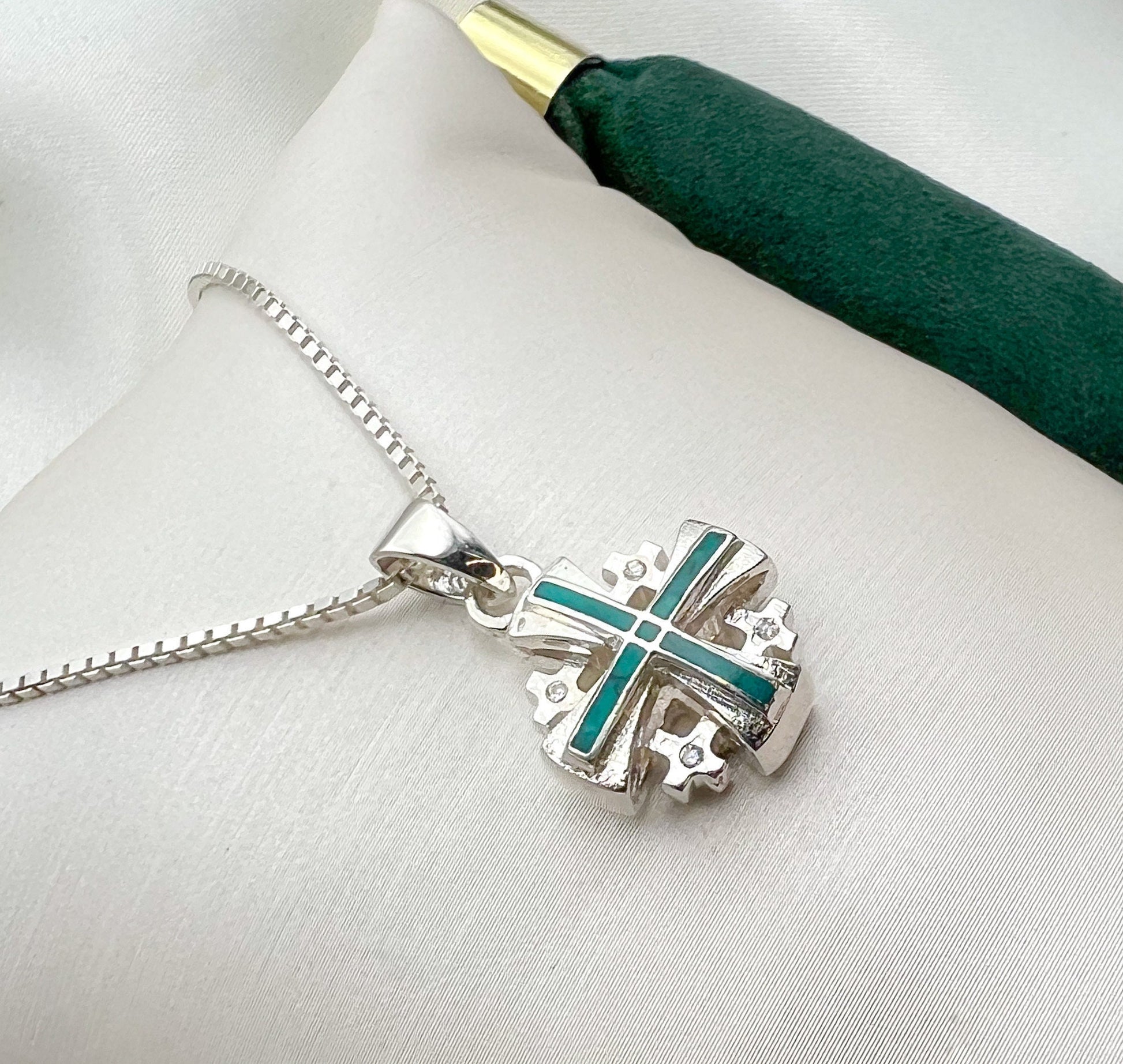 Sterling Silver King Solomon Eilat Stone Jerusalem Cross with Matching Chain
