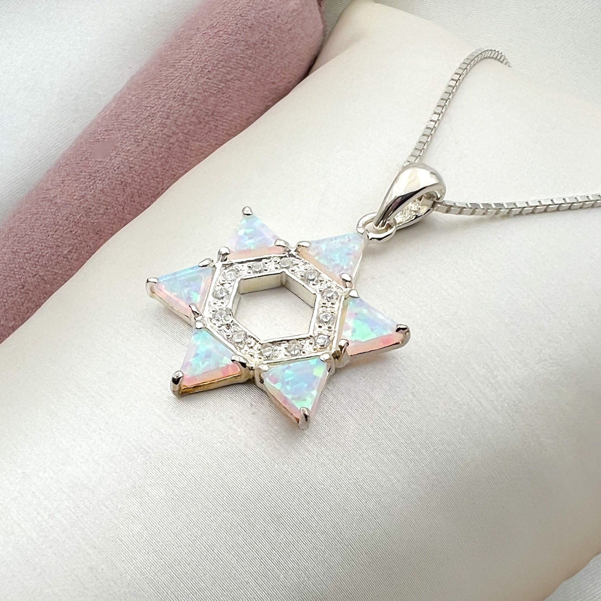 Shimmering White Opal David Star Pendant in Sterling Silver 925