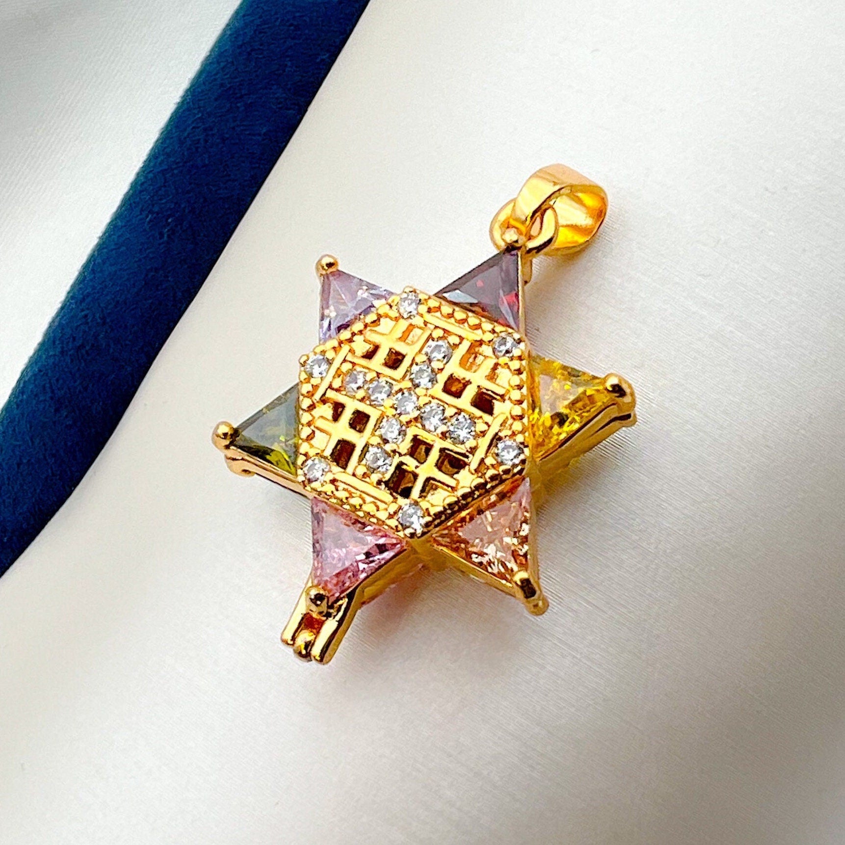 Unique Star of David and Jerusalem Cross Pendant with Magnetic Opening