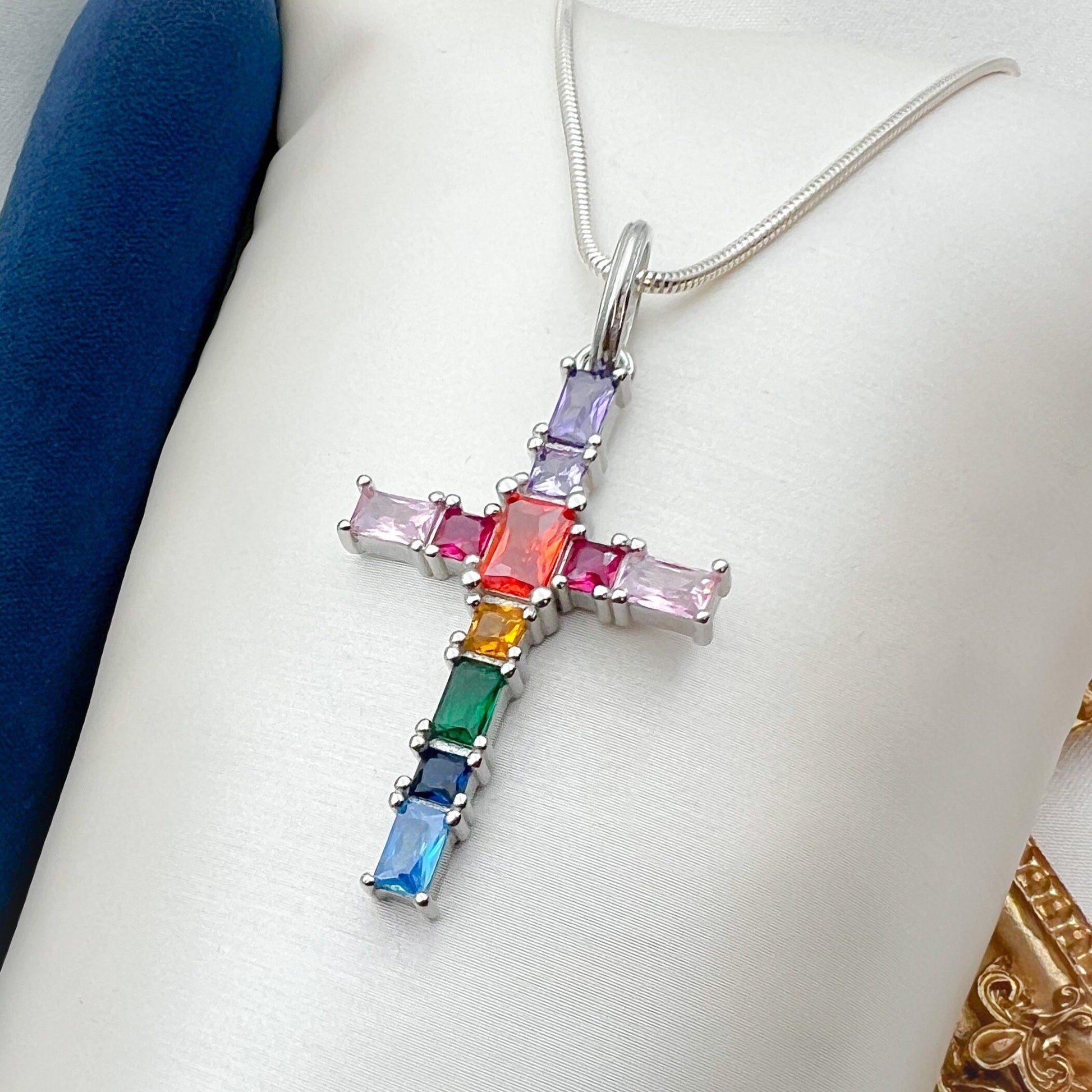 Radiant Cross Pendant with Colorful Gemstones in Sterling Silver
